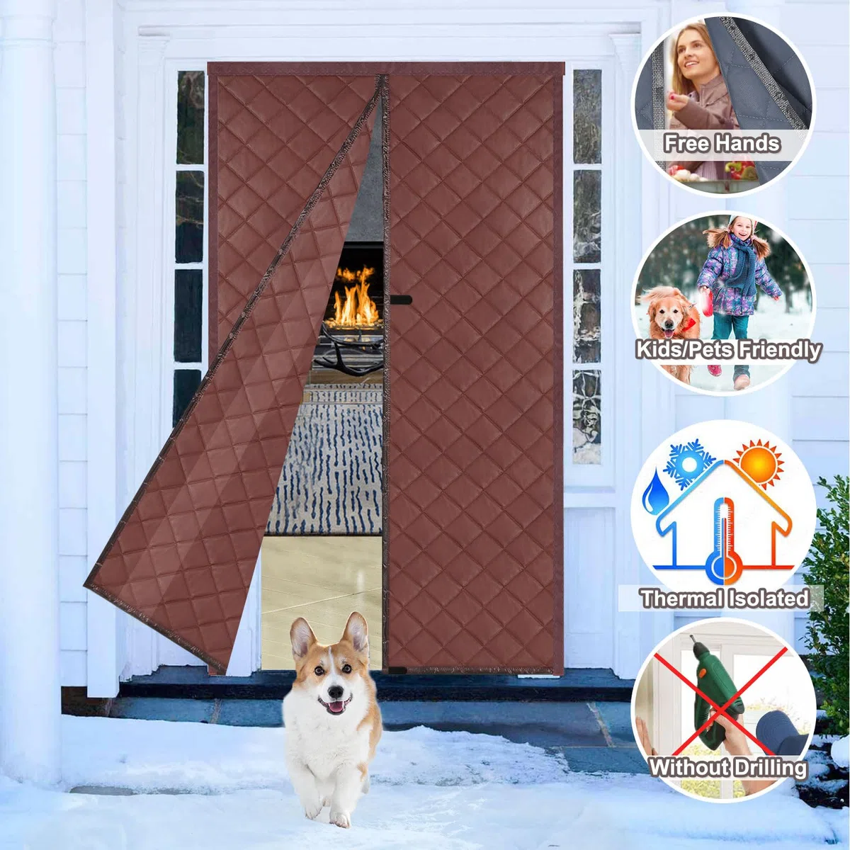 Risareyi Cortina de Puerta Aislante Termica Frio y Calor 95x205cm, Marrón Aislamiento Cortinas Térmica Magnética para Puerta Exterior Salón Balcón, Impermeable, Cierre Automático