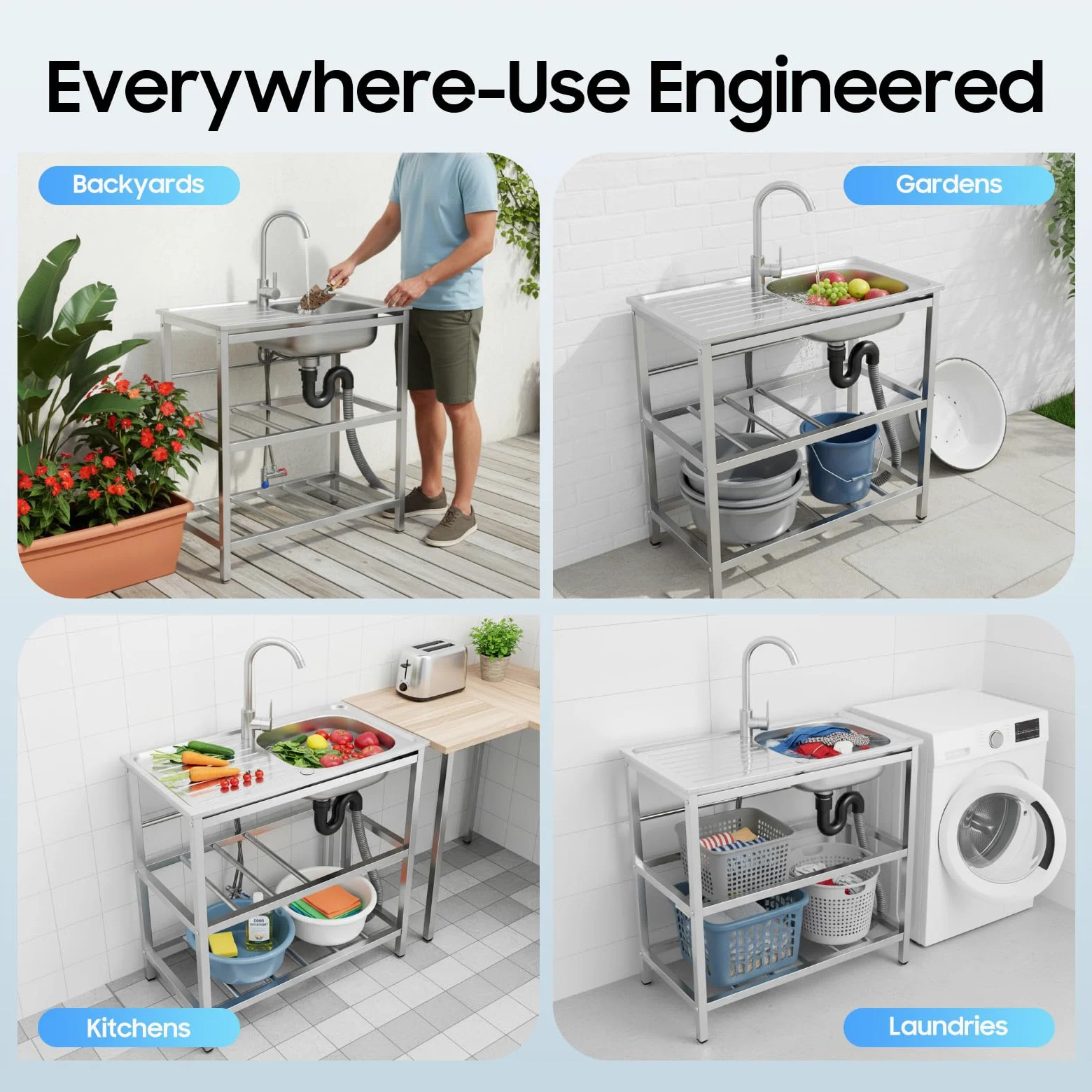 Fregadero de cocina independiente para exteriores, fregadero de acero inoxidable, grifo de lavabo, encimera multifuncional, fregadero, fregadero de agua para cocinas, cafés y bares (75 x 40 x 78 cm)