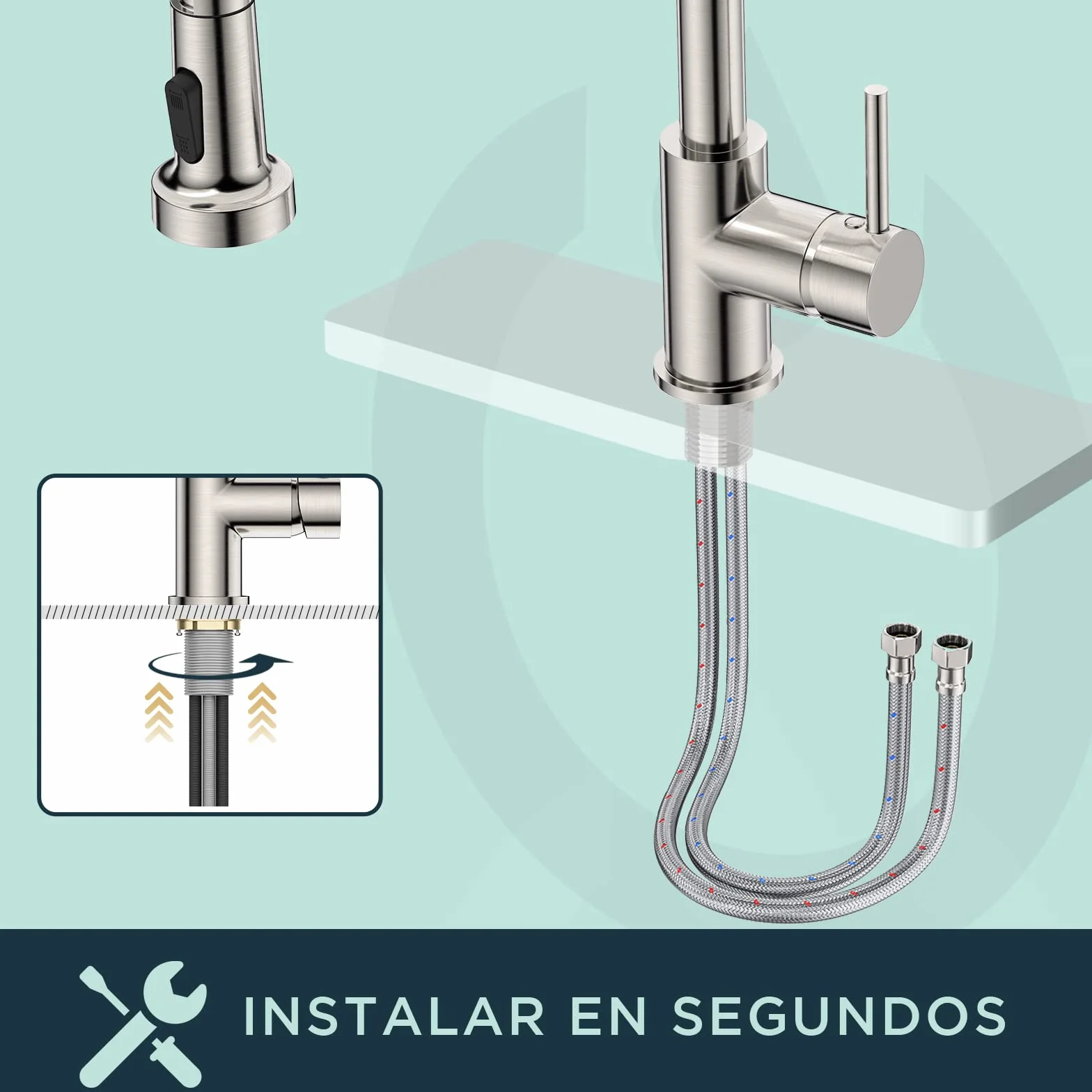 FORIOUS Grifo Cocina Fregadero Giratorio 360° Monomando Acero Inoxidable 2 Modos