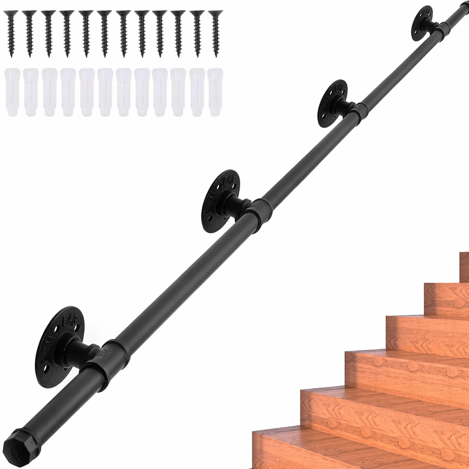 Pasamanos Escalera Exterior 4M Negro - Barandilla Interiores de Hierro Forjado Antideslizante para Pared y Loft - Tubería para Ancianos