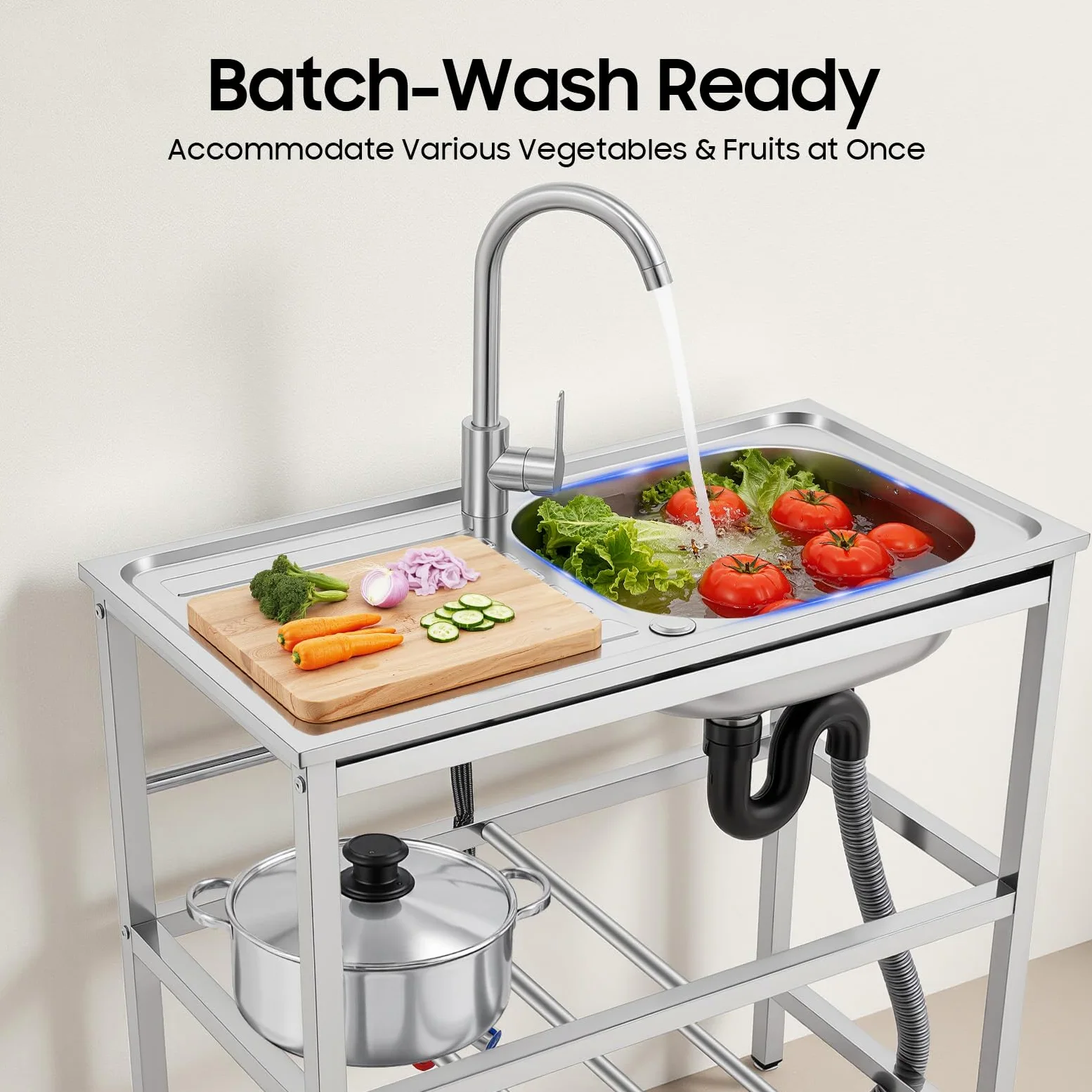 Fregadero de cocina independiente para exteriores, fregadero de acero inoxidable, grifo de lavabo, encimera multifuncional, fregadero, fregadero de agua para cocinas, cafés y bares (75 x 40 x 78 cm)