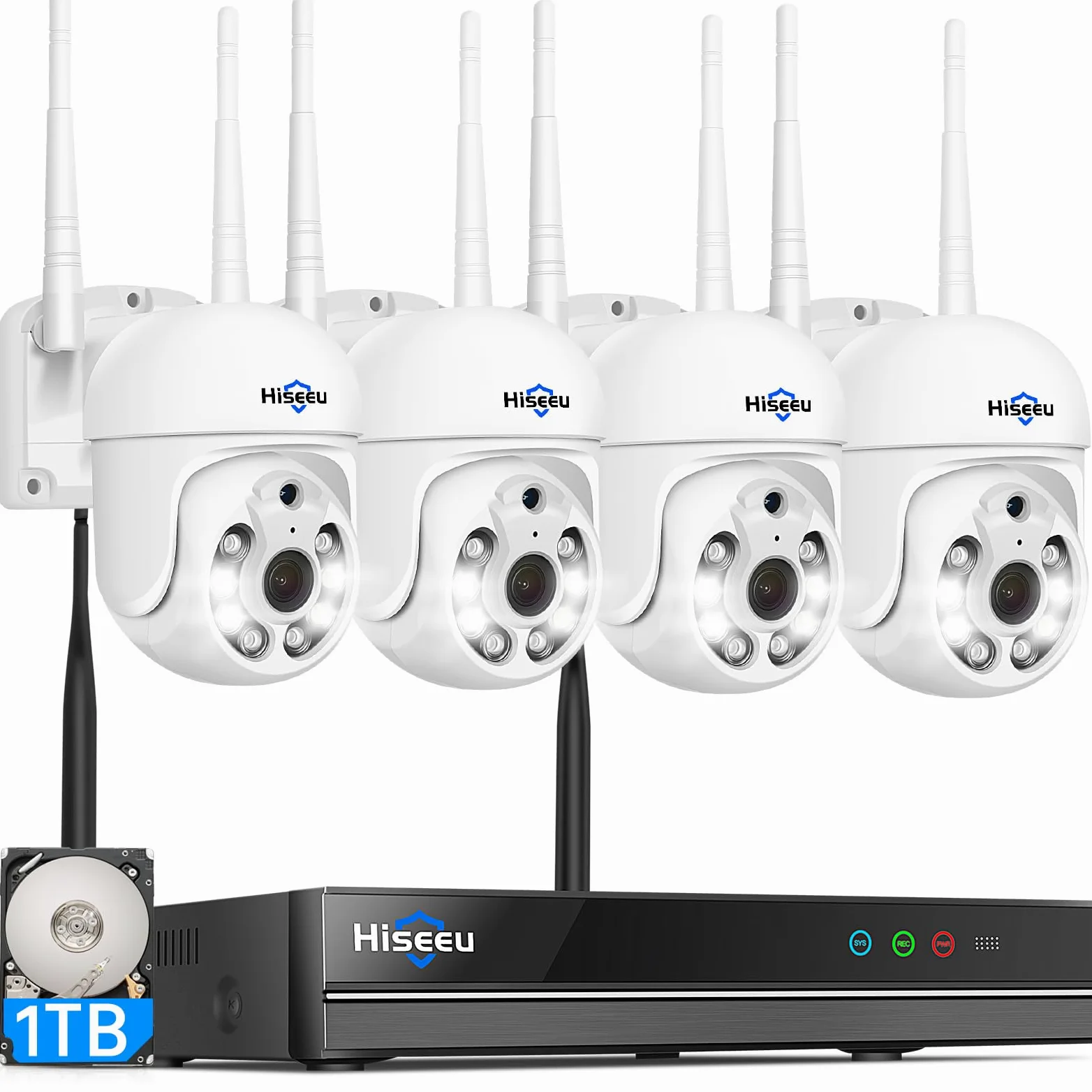 Hiseeu 5MP Kit Camara de Vigilancia WiFi Exterior, PTZ Cámara de Seguridad, 4X Camara IP y 10CH NVR, Audio Bidireccional, Detección y Seguimiento, Visión Nocturna en Color 1TB HDD