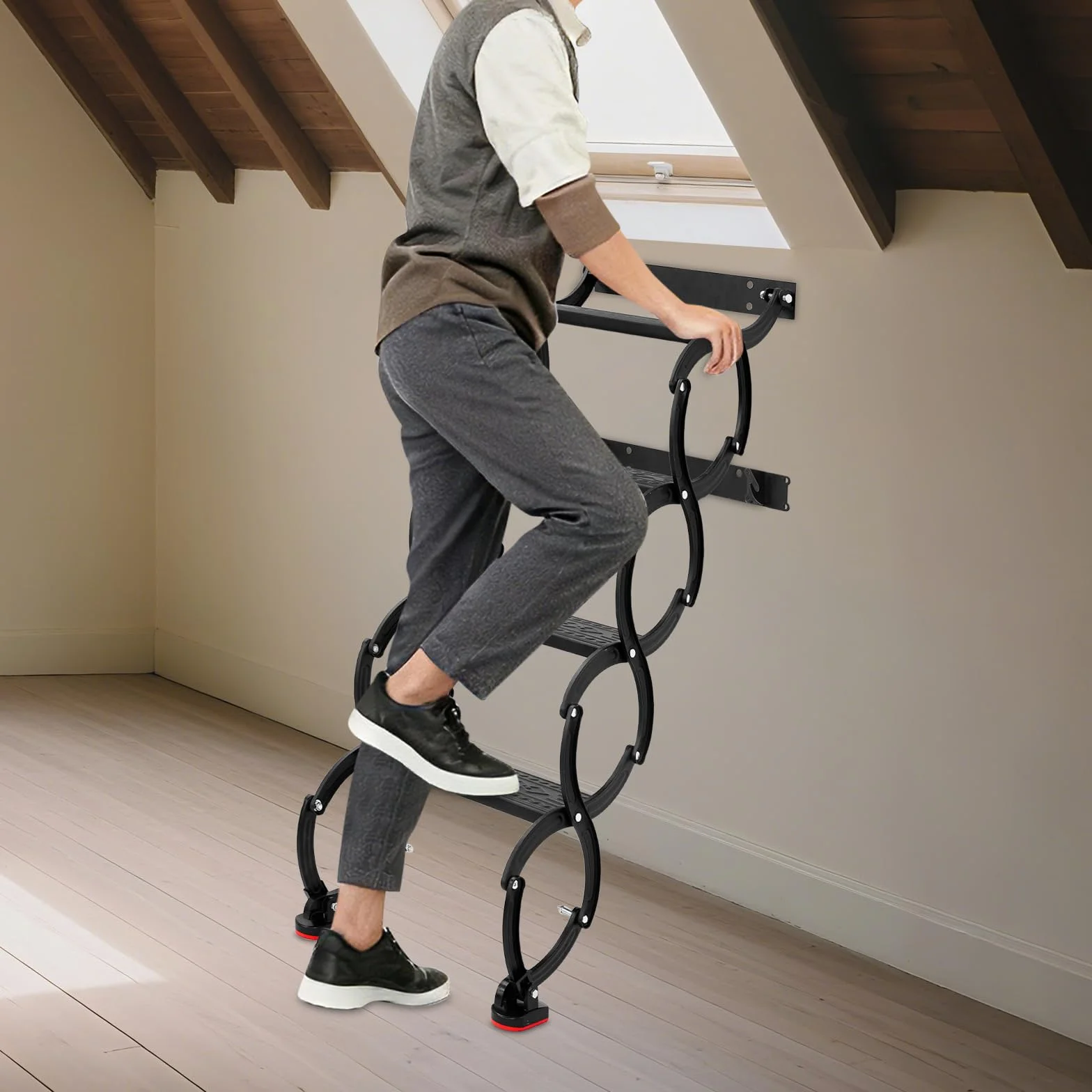 Escalera plegable extensible de 4 peldaños montada en la pared con peldaños antideslizantes, escalones telescópicos, para ático, garaje, sótano, negro, capacidad de carga 200 kg