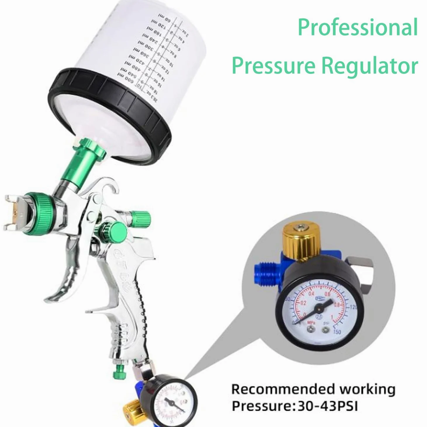 Pistola Pintura Neumática para Automóviles, Pistola para Pintar Paredes y Techos, con 10 Tazas para Mezclar, Herramienta de Pulverización Profesional, Color Verde​, 600ML