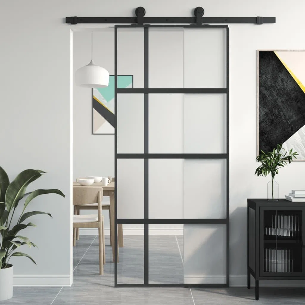Homgoday Puerta corredera negra de vidrio templado y aluminio, 90 x 205 cm, puerta corredera de granero, puerta corredera para el hogar, interior, material de construcción, ferretería