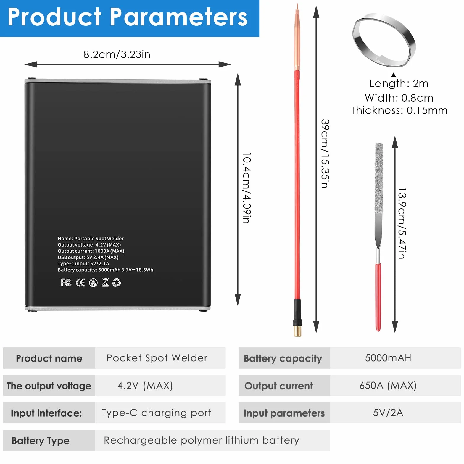 Soldador por Puntos, VAYOTOY Mini Soldador Puntos Maquina Soldadura de Punto Portatil con engranajes ajustables,Batería Recargable de 5000 mAh, 2 Bolígrafos de Soldadura, Hoja de níquel de 200 cm
