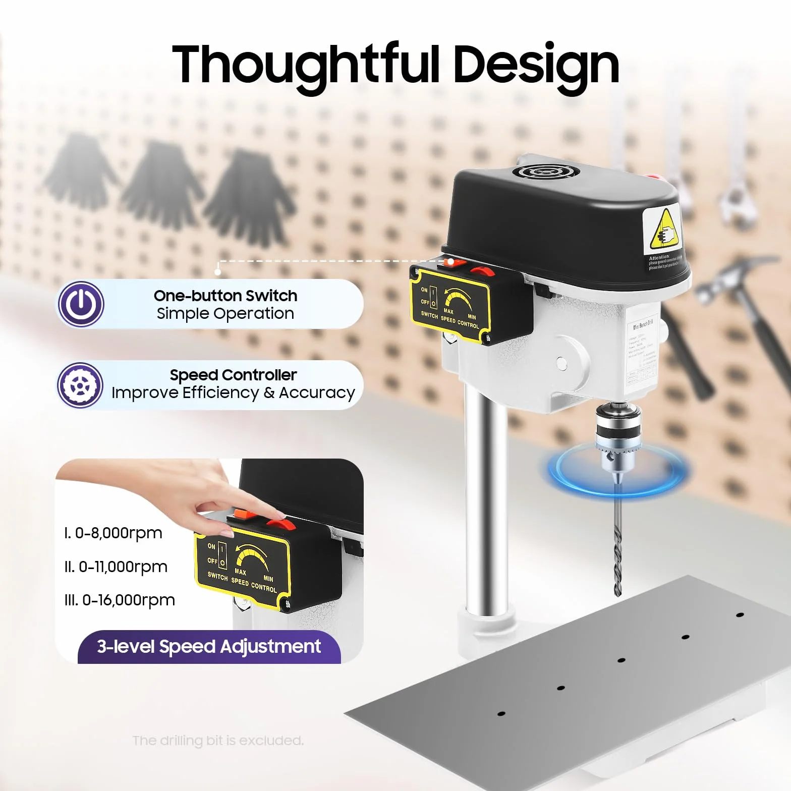 Mini taladro de columna, 340 W, tres velocidades con tope de profundidad, regulación de velocidad sin niveles, mini taladro de mesa, taladro portátil, madera, placa de plástico