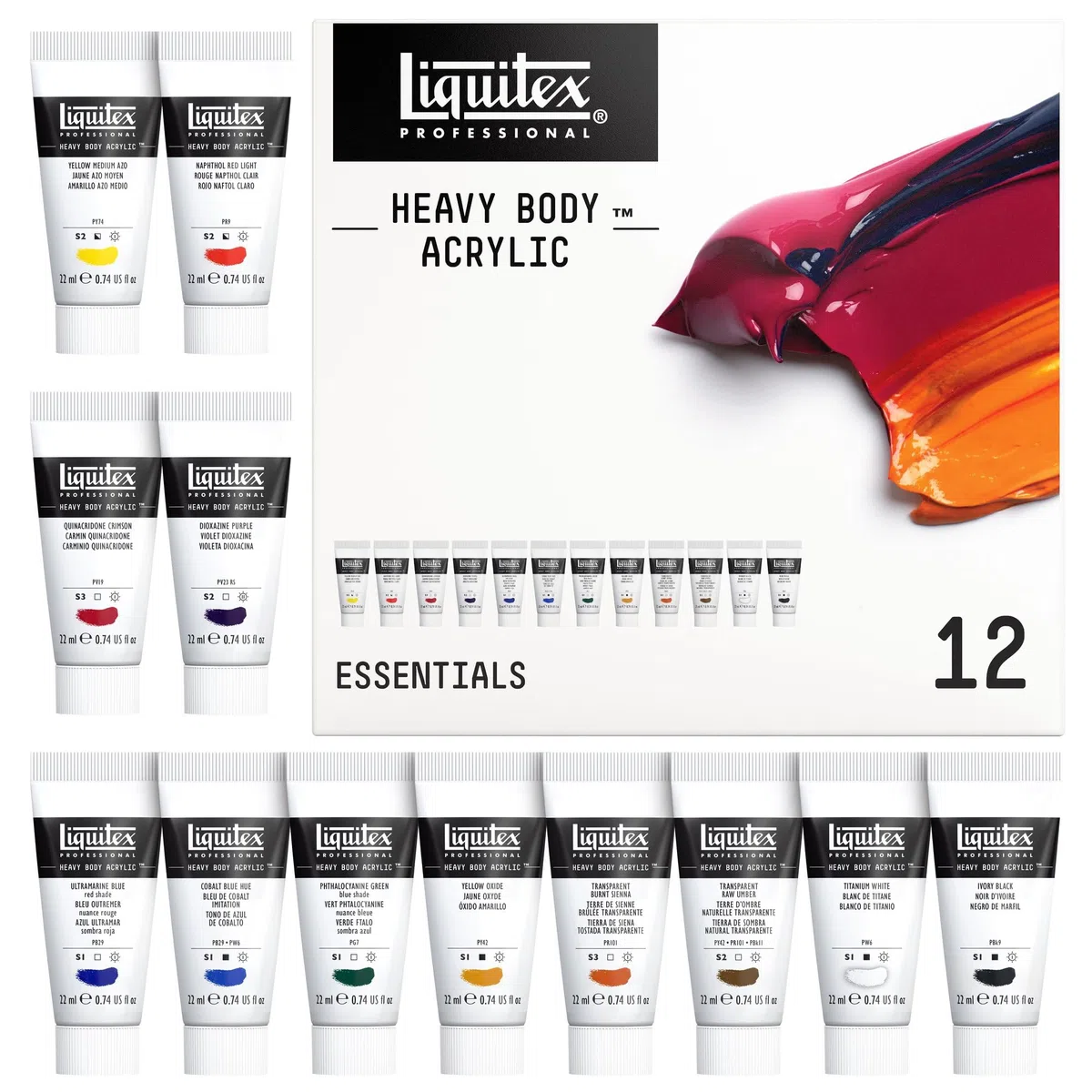 Liquitex Profesional Heavy Body - Pintura acrílica profesional de cuerpo espeso, set de 12 tubos de 22 ml, colores esenciales
