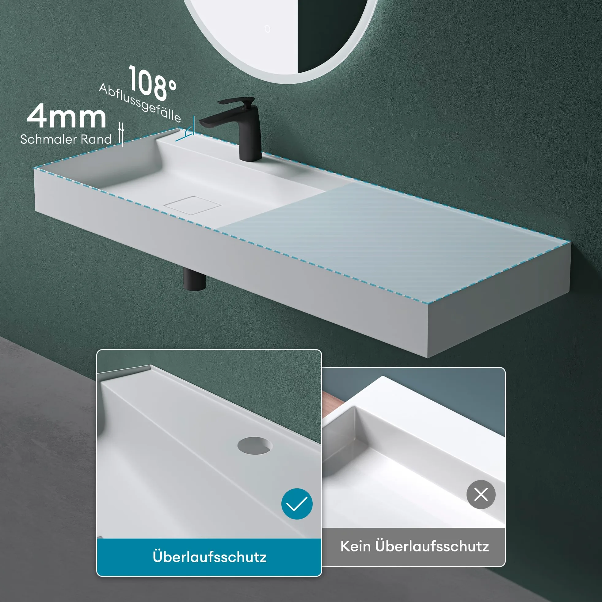 Mai & Mai Lavabo sobre Encimera Rectangular de Baño, Mármol Fundido, Blanco Mate, 50x38x12 cm, con Orificio para Grifo y Válvula de Desagüe – Colossum630
