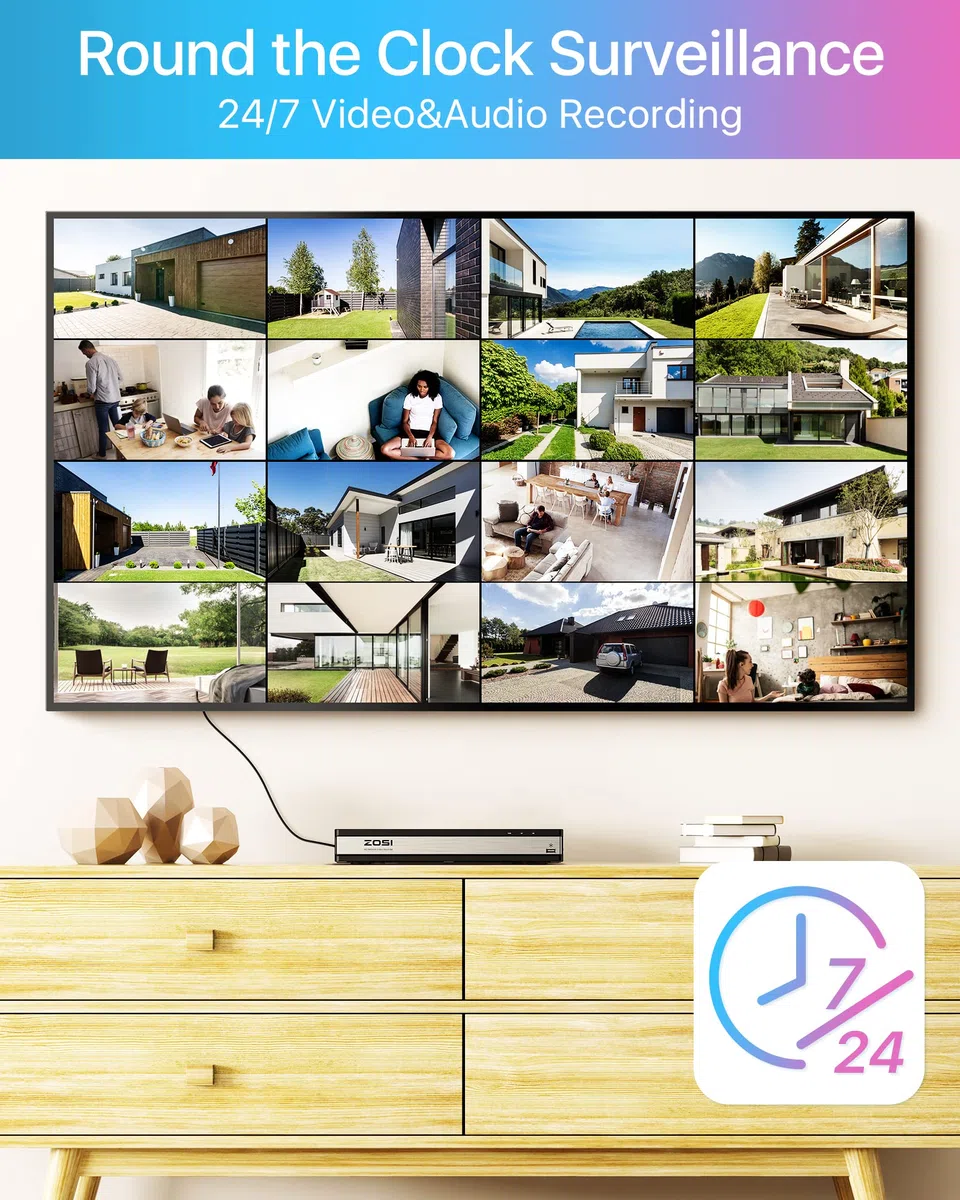 ZOSI 4K Kit de Cámara de Vigilancia PoE con 8X 5MP Cámaras IP Exterior y 8MP 16CH NVR PoE 4TB HDD para Grabación 24/7, Visión Nocturna, Detección de Personas y Vehículos, Audio