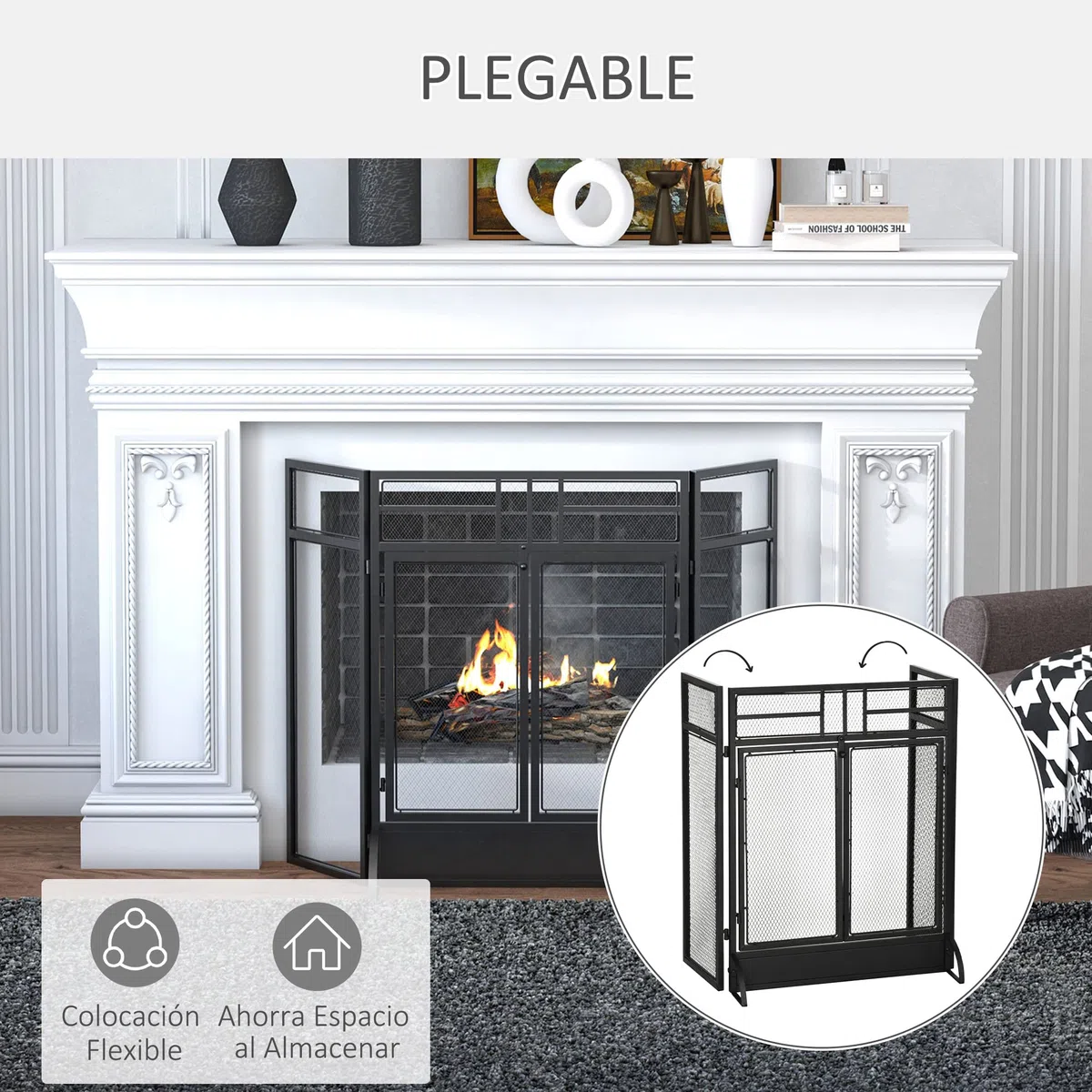 HOMCOM Salvachispas Plegable Pantalla Protectora de Chimenea de 3 Paneles con Doble Puerta y Pies Adicionales 120x11,5x79 cm Estructura de Metal Negro