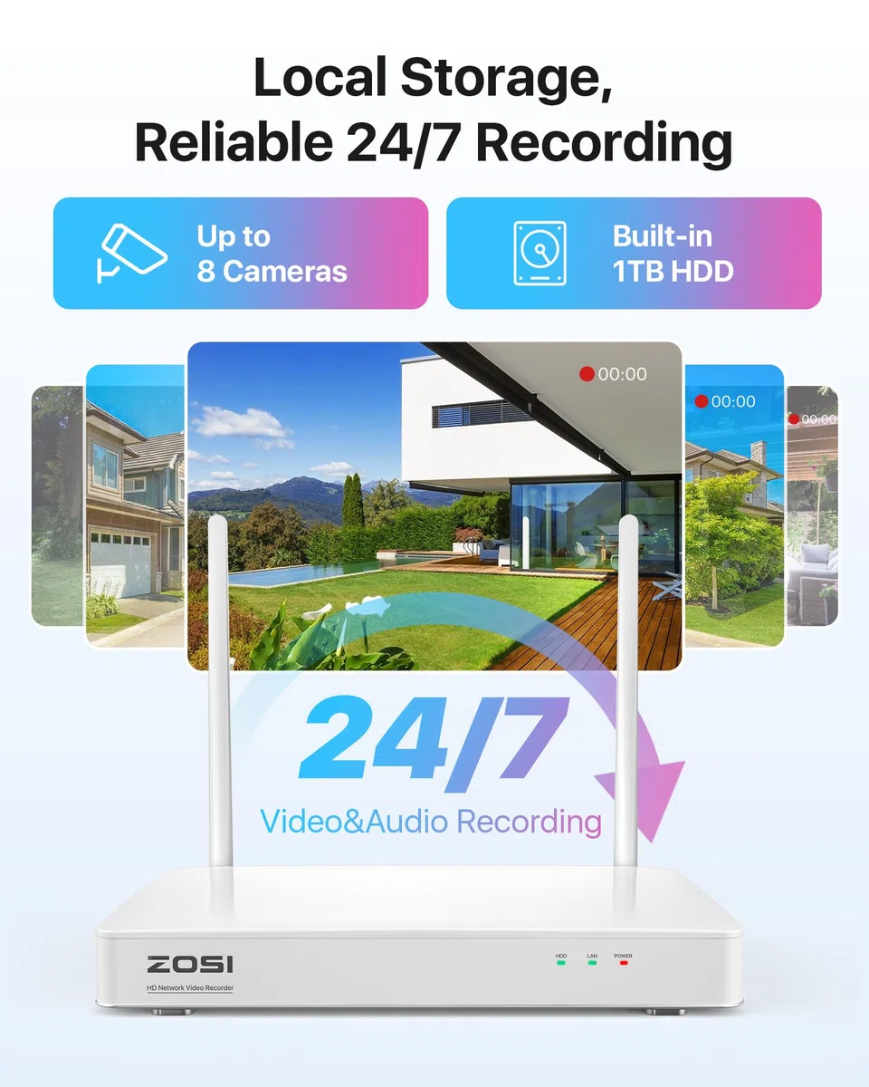ZOSI 4MP Kit Cámaras de Vigilancia WiFi 4X Cámara de Seguridad Exterior con 8CH H.265+ Grabador NVR y 1TB HDD, Visión Nocturna en Color, Detección y Alarma de Persona