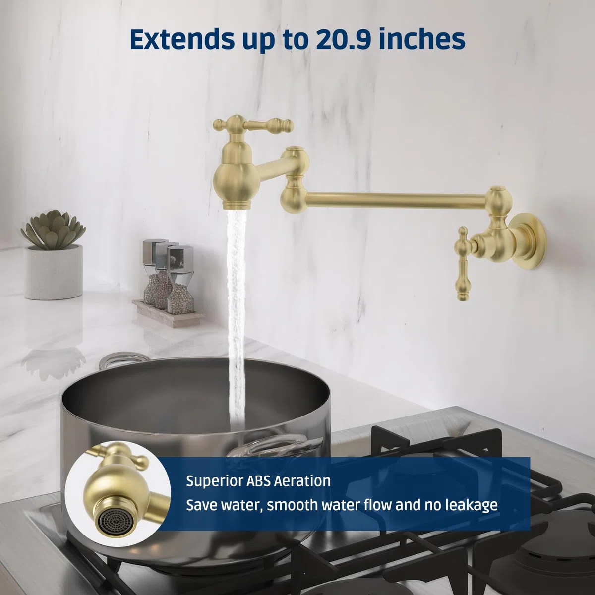 Grifo de latón de 23 pulgadas, oro cepillado, montaje en pared sobre estufa, grifo de agua, 2 asas plegables y elásticas