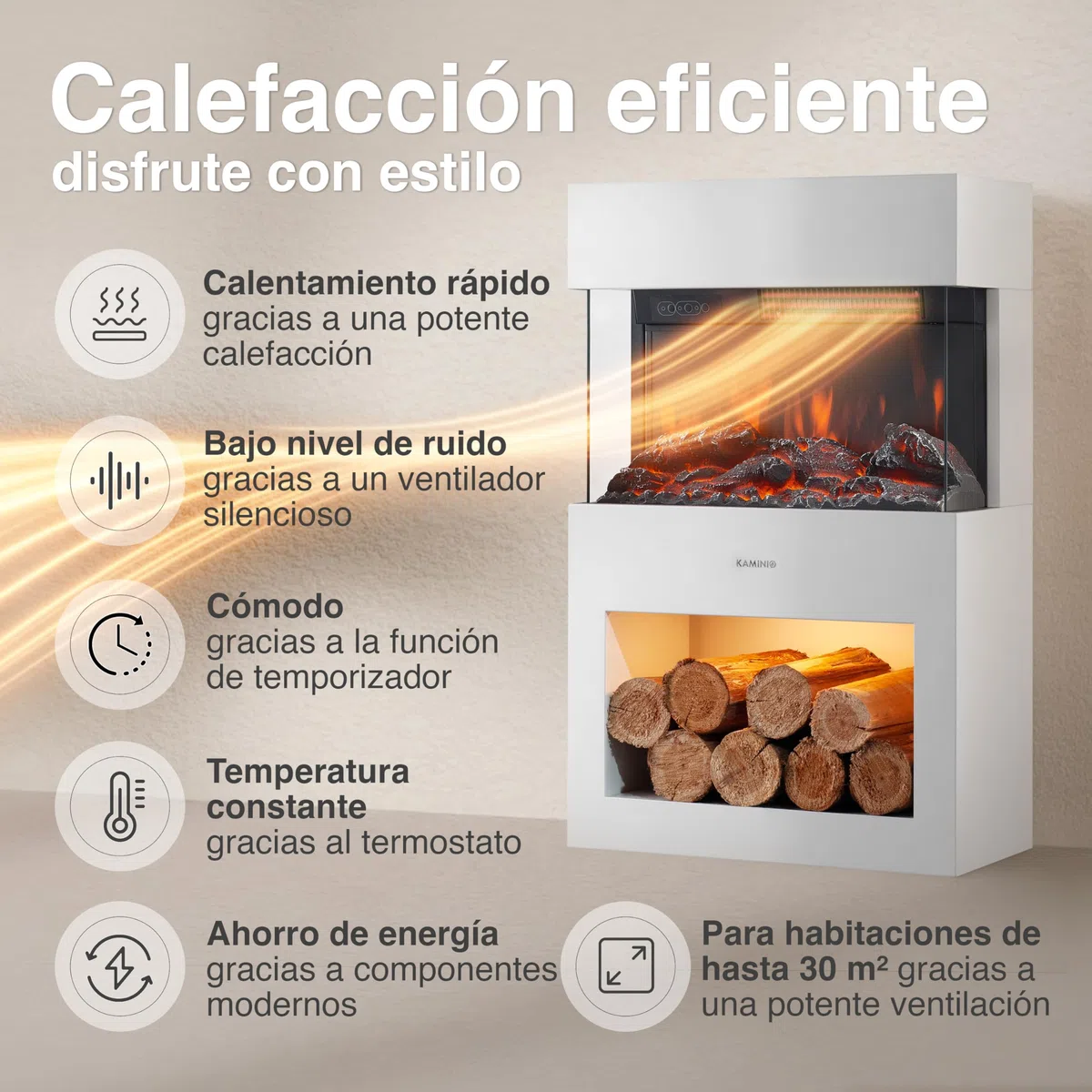 KAMINIO Eléctrica Chimenea Henri - Estufa de Chimenea eléctrica con calefacción, Efecto Llama 3D, LED, Control Remoto Blanco