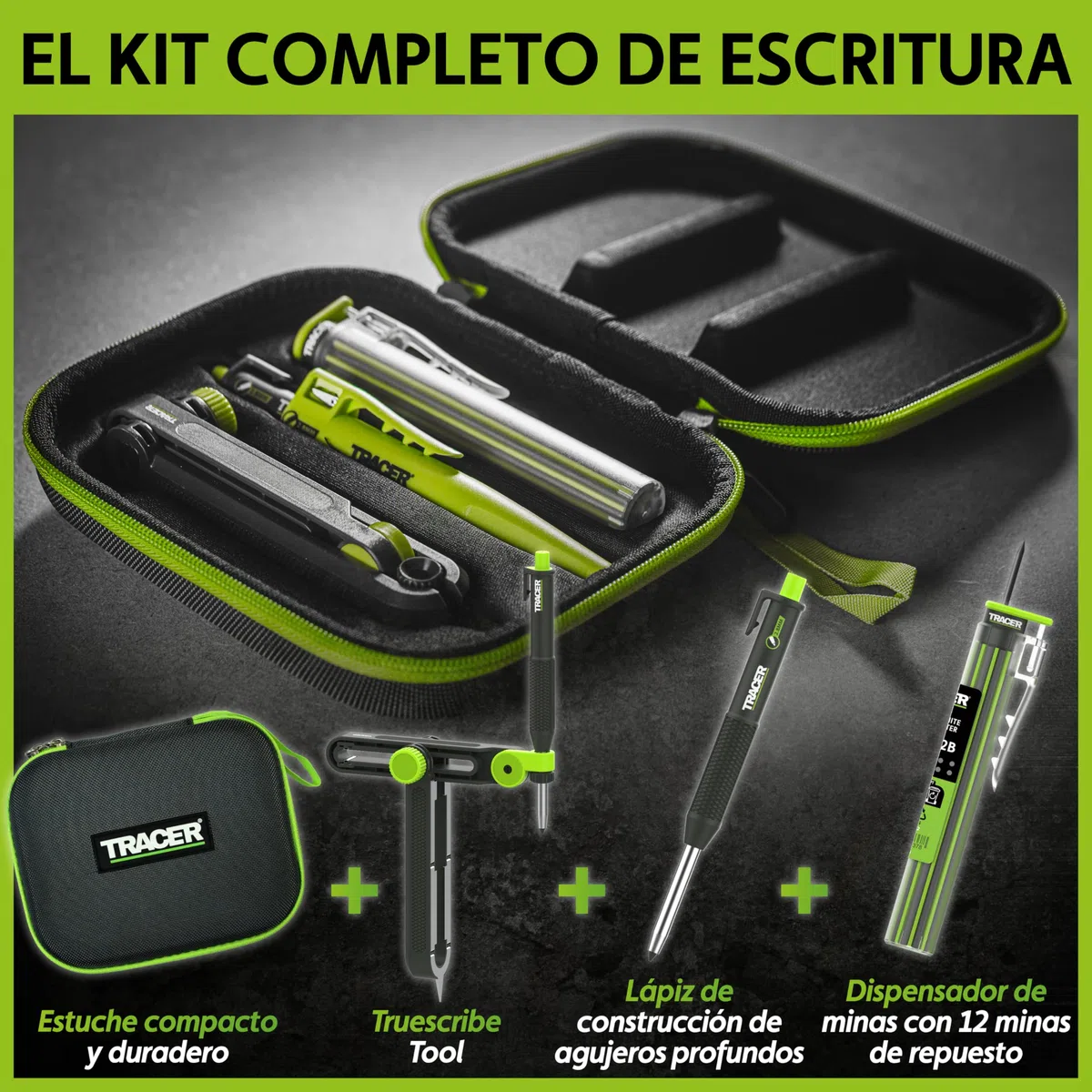 TRACER Truescribe - Herramienta de escritura con lápiz trazador 2.0, estuche de almacenamiento y 12 minas para lápiz. Herramienta de trazado para carpintería y más