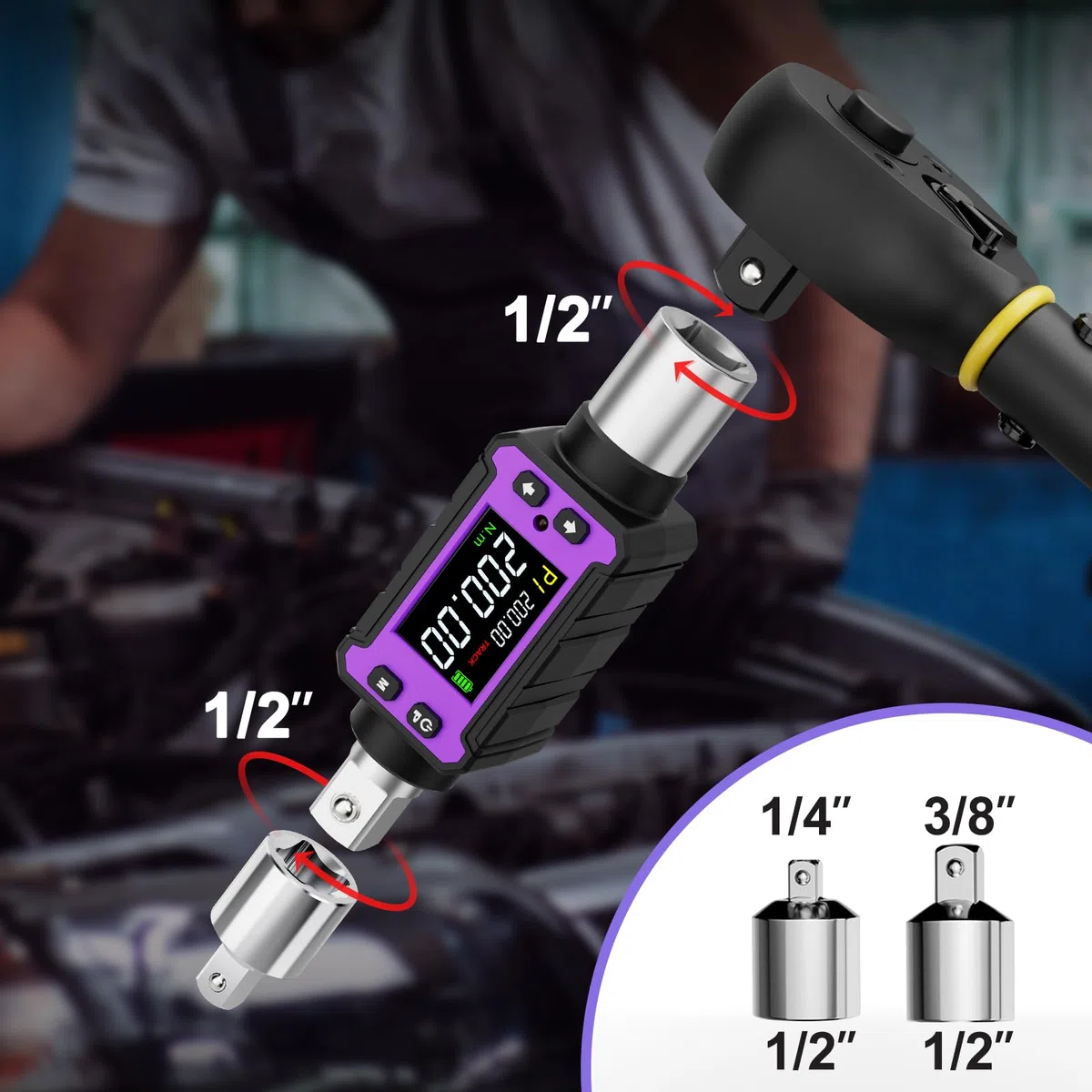 ANPUDS Adaptador de Par Digital 1/2" (4-200 Nm), Alta Precisión ±2%, Llave Dinamométrica Electrónica con Adaptadores 3/8" y 1/4", Medidor de Torque con Pantalla LCD para Coche, Moto y Camioneta