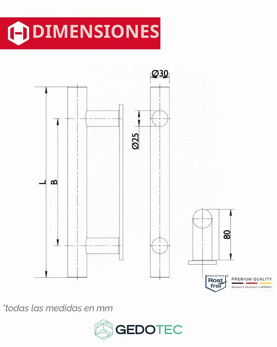 Gedotec Puerta delantera tiradores redondos rectos de acero inoxidable - HE10008 | Longitud 600 mm | Distancia entre agujeros 400 mm | Mango de barra Ø 30 mm | diseño material sujeción - 1 pieza