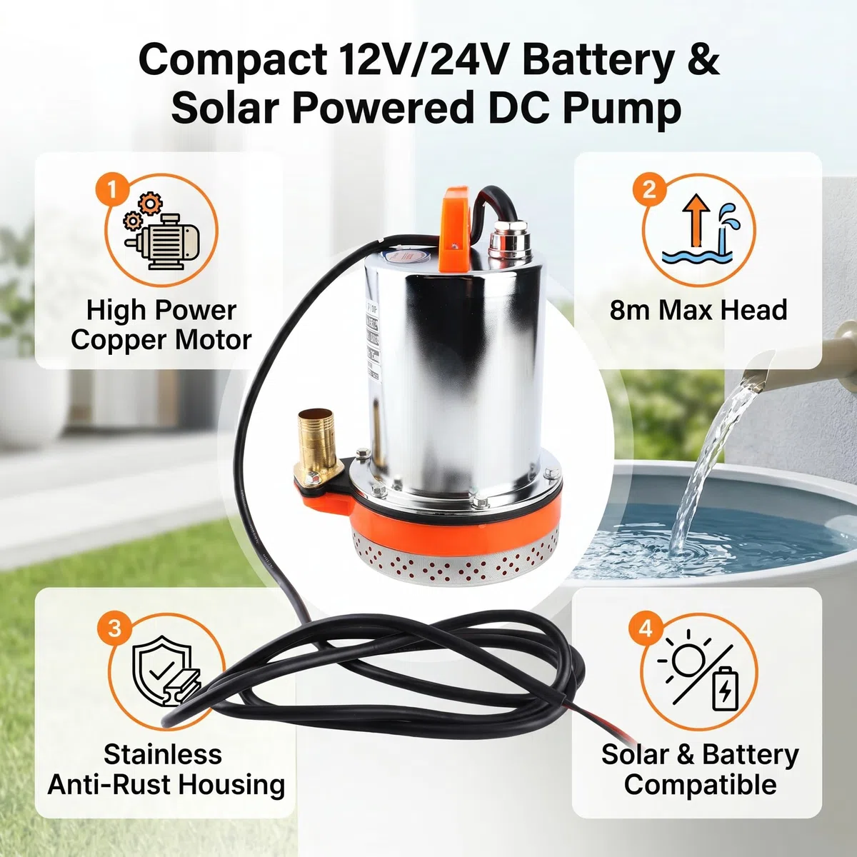 Bomba Sumergible de 12 V CC Bomba de Agua Solar Bomba de Agua Sumergible Solar con Batería Pequeña Ideal para Riego, Acuicultura y Drenaje de Piscinas, Elevación máxima: aprox. 8