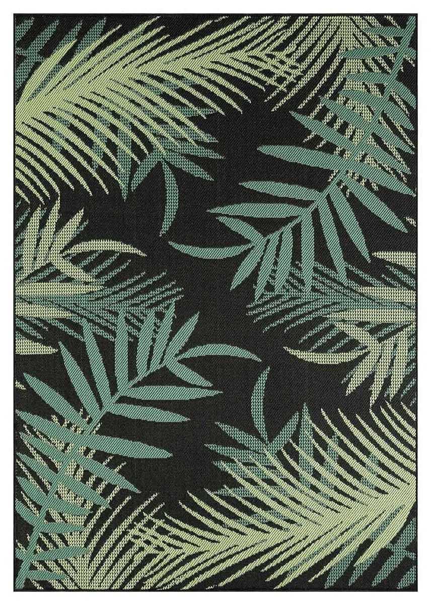 VIMODA Alfombra para interior y exterior para terrazas y balcones, diseño de palmeras, color negro, medidas: 140 x 200 cm