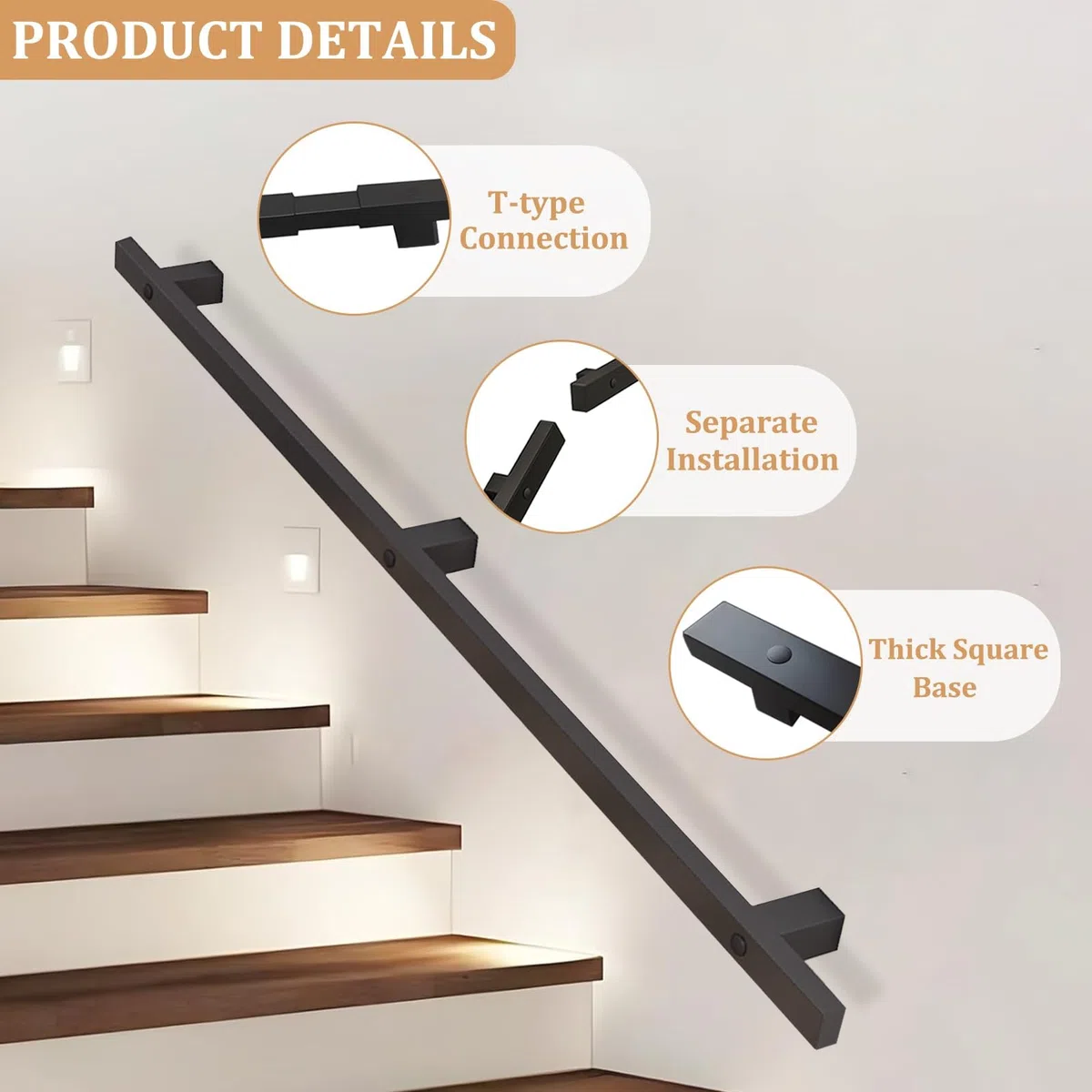 Pasamanos de pared para escaleras exteriores o interiores, 1m 1,5m 2m 2,5m 3m 6m barandilla de escalera antideslizante de hierro forjado moderno, barra de apoyo de tubo cuadrado negro(120cm)