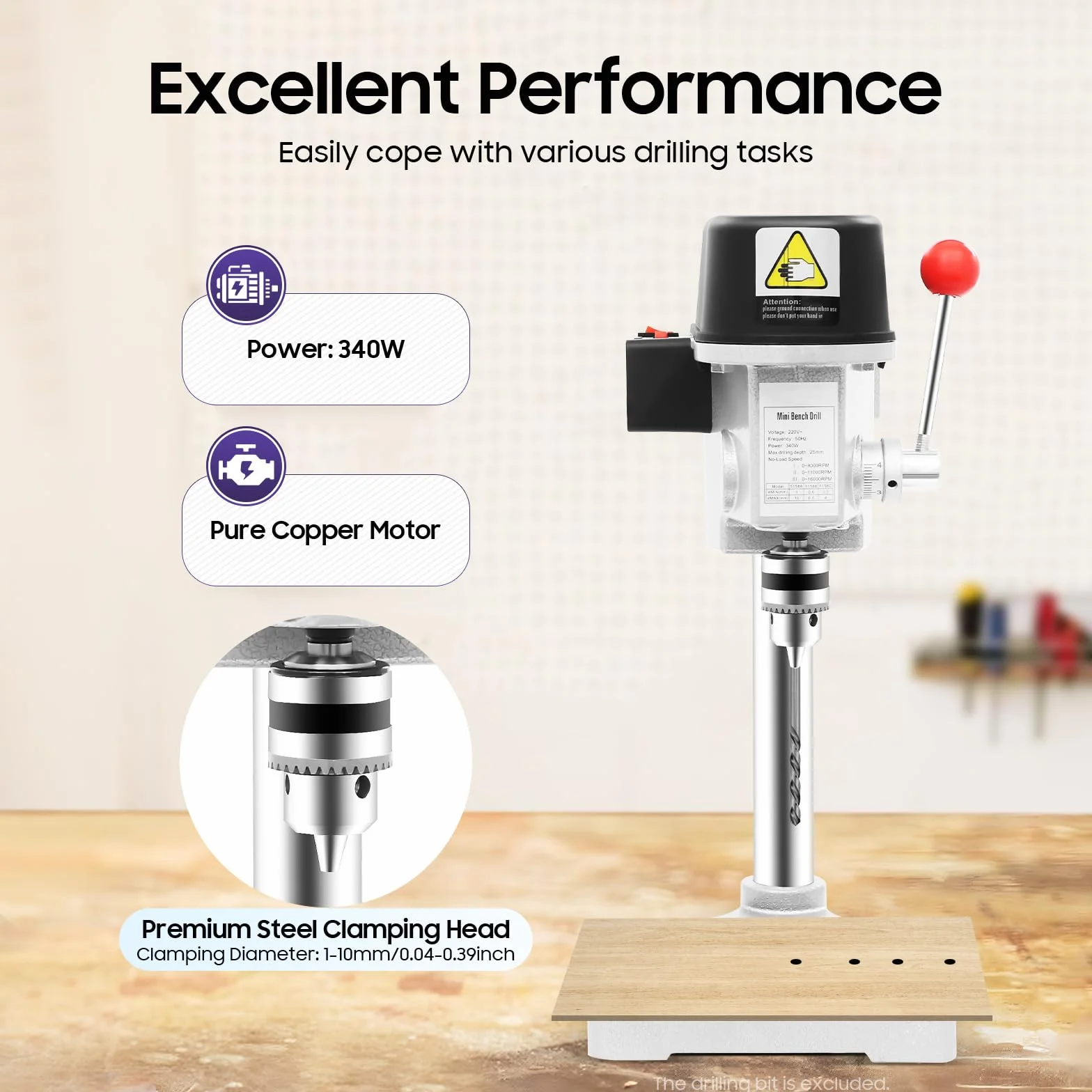 Mini taladro de columna, 340 W, tres velocidades con tope de profundidad, regulación de velocidad sin niveles, mini taladro de mesa, taladro portátil, madera, placa de plástico