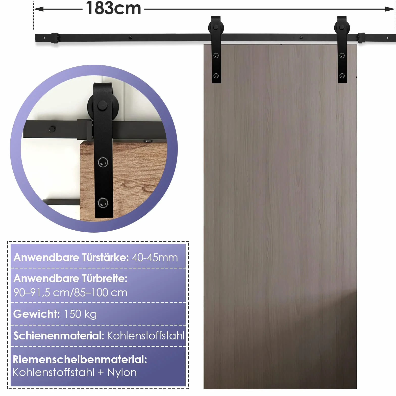 Jopassy 183cm (6FT) Juego de herrajes para puertas correderas, Kit de sistema de puerta corredera, Puertas correderas capacidad de carga 150kg, Riel de puerta corredera para puerta individual de