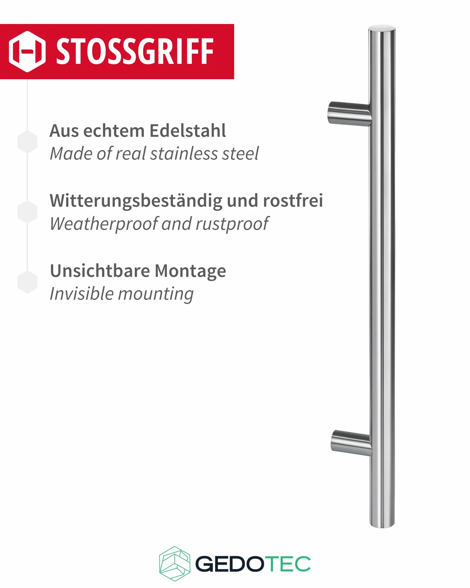 Gedotec Puerta delantera tiradores redondos rectos de acero inoxidable - HE10008 | Longitud 600 mm | Distancia entre agujeros 400 mm | Mango de barra Ø 30 mm | diseño material sujeción - 1 pieza