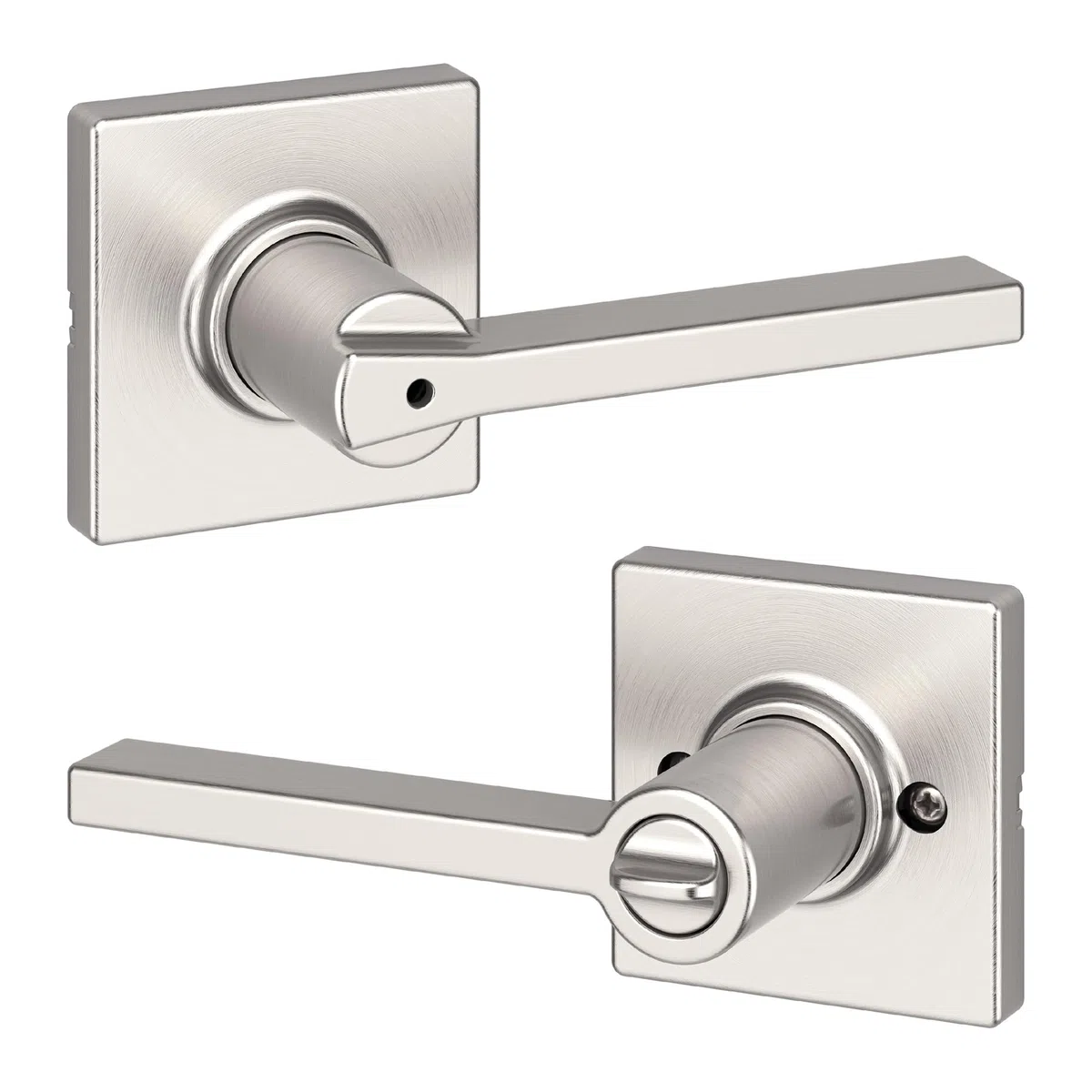 Kwikset Casey - Tirador de puerta interior con cerradura, palanca de puerta para baño y dormitorio, cerradura giratoria reversible sin llave, níquel satinado, con protección Microban