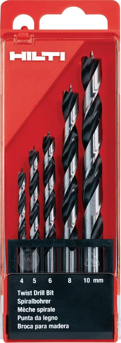 Hilti 305033 Juego de 5 brocas helicoidales WDB-T para madera (4,5,6,8,10 mm. Clase: premium. Accesorios para taladro atornillador)