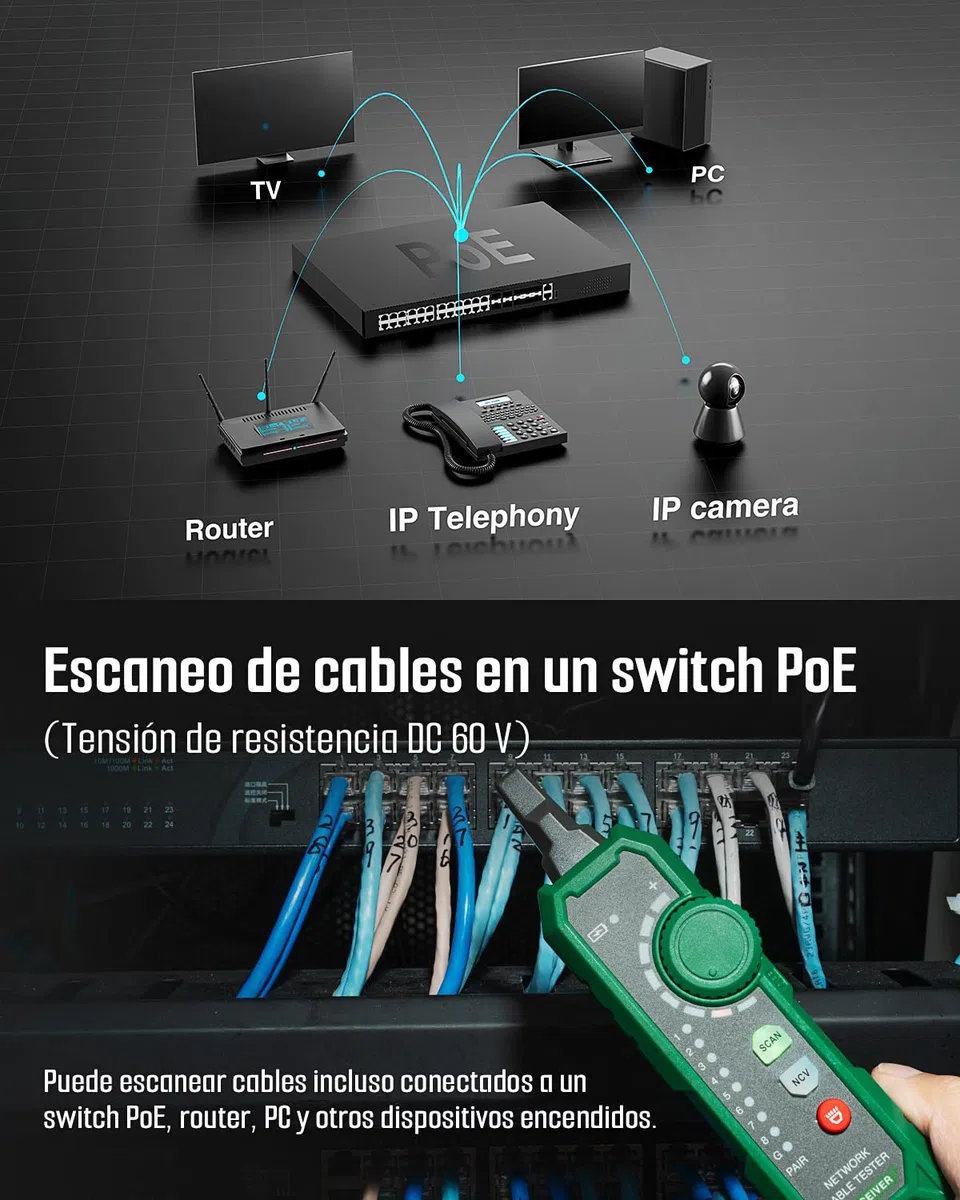 TESMEN TLP-900AR Comprobador de cables de red, RJ11 RJ45, para CAT5/6/POE/STP, con emparejamiento, Continuidad, QC&NCV, apto para Ethernet, Teléfono, mantenimiento y clasificación de cables -verde
