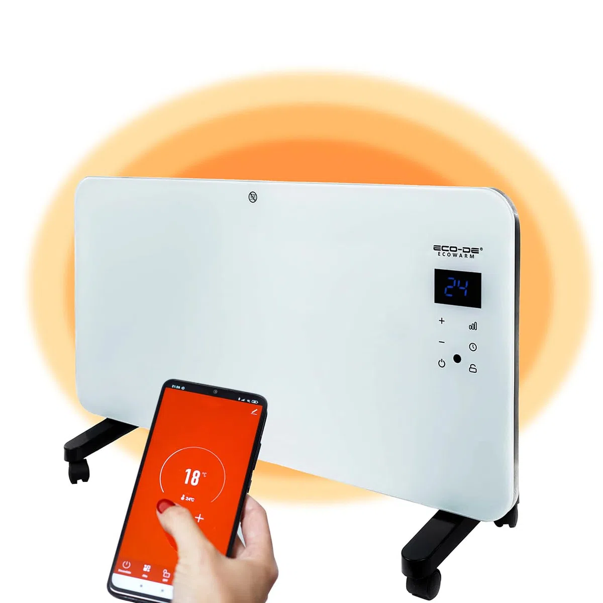 ECODE® Radiador electrico 1500W de Cristal | Silencioso y Programable | Control por Wifi | Uso con Ruedas, Patas o Pared | Temporizador | 2 Potencias | Apto para Baños (IP24) | Pantalla Táctil |