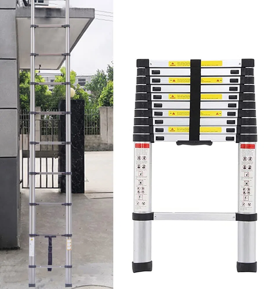 Escalera telescópica de 3,2 m, de acero inoxidable, antideslizante, con 11 peldaños, portátil para exterior e interior, capacidad de carga de 150 kg