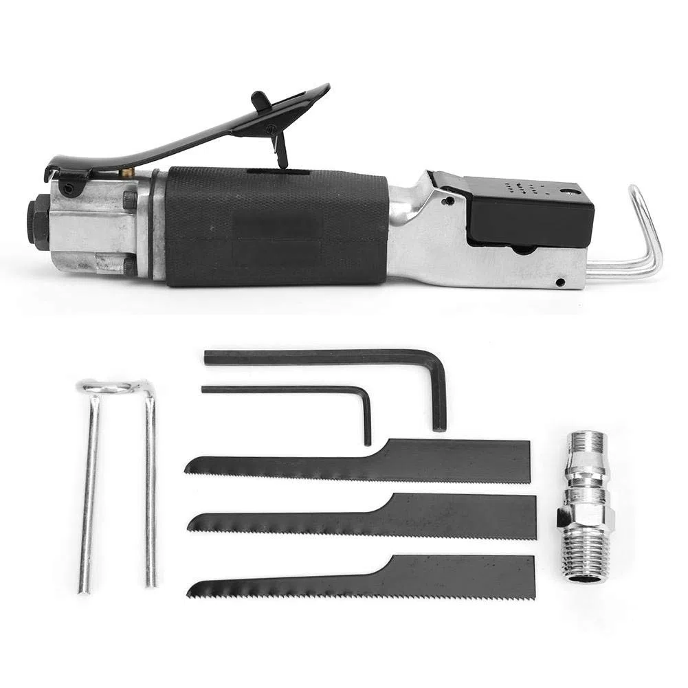 Sierra neumática profesional de aire comprimido de 1/4" - Sierra neumática - Herramienta de corte con mango de goma - 3 hojas de sierra - Capacidad de corte de 1,5 mm
