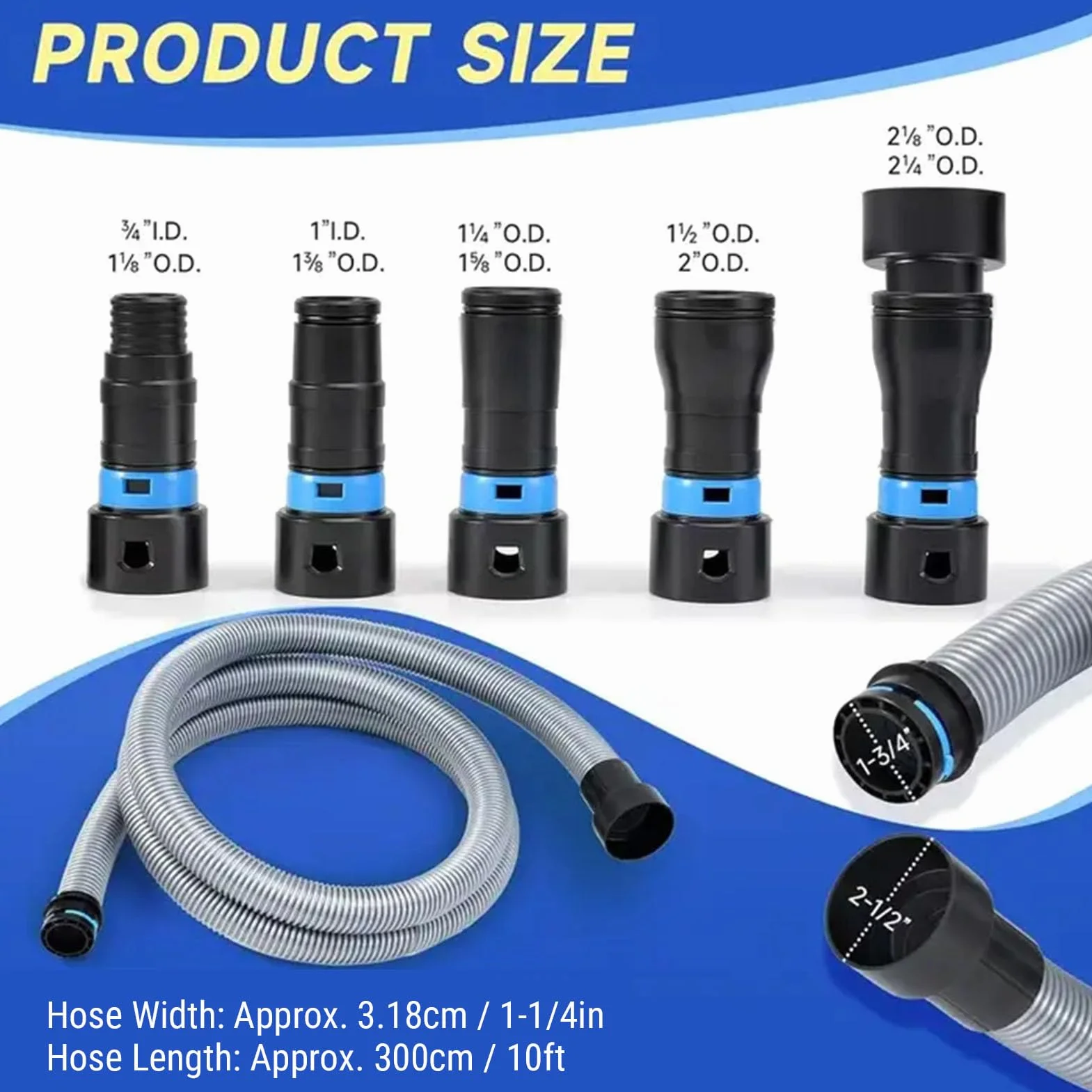 Fabater Kit de Manguera de Recolección de Polvo, Manguera de Aspiradora de 1 1/4 Pulgadas X 10 Pies con 6 Adaptadores y de Rápido, Compatible con la Mayoría de Herramientas