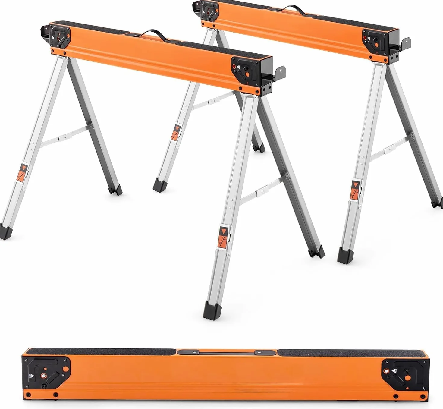 FANTASK Juego de 2 bloques de sierra plegables, caballetes de trabajo portátiles, robustos soportes de metal para carpintería, caballete de sierra con mango, soporta hasta 500 kg