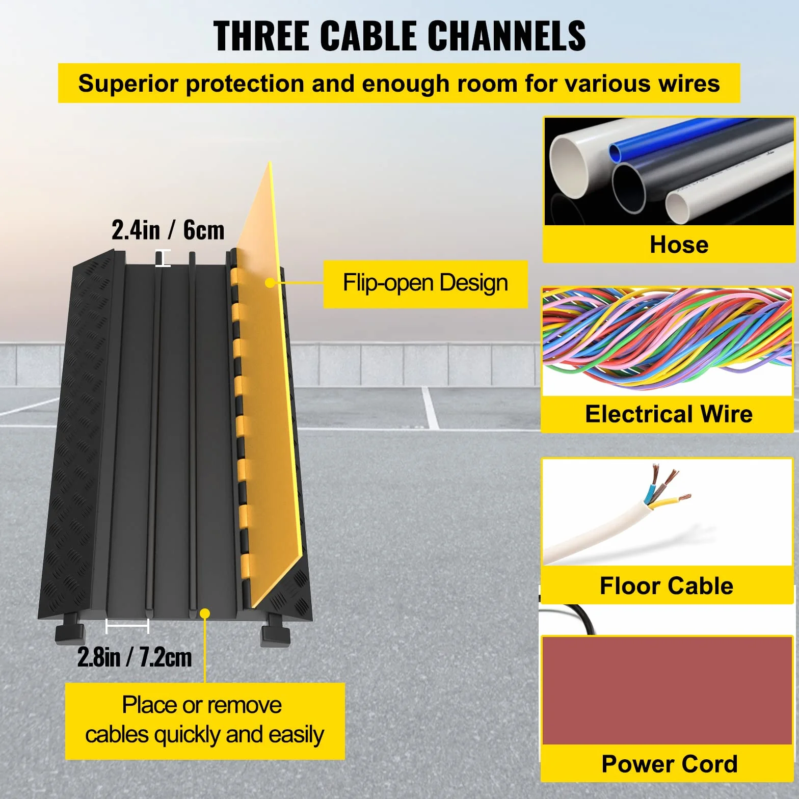VEVOR Rampa de Protector de Cable 3 Canales Capacidad de Carga 22,046-44,092 Libras Pasacables Suelo 93x49x6.8cm El Reductor de Velocidad para Protección de Cables Eléctricos