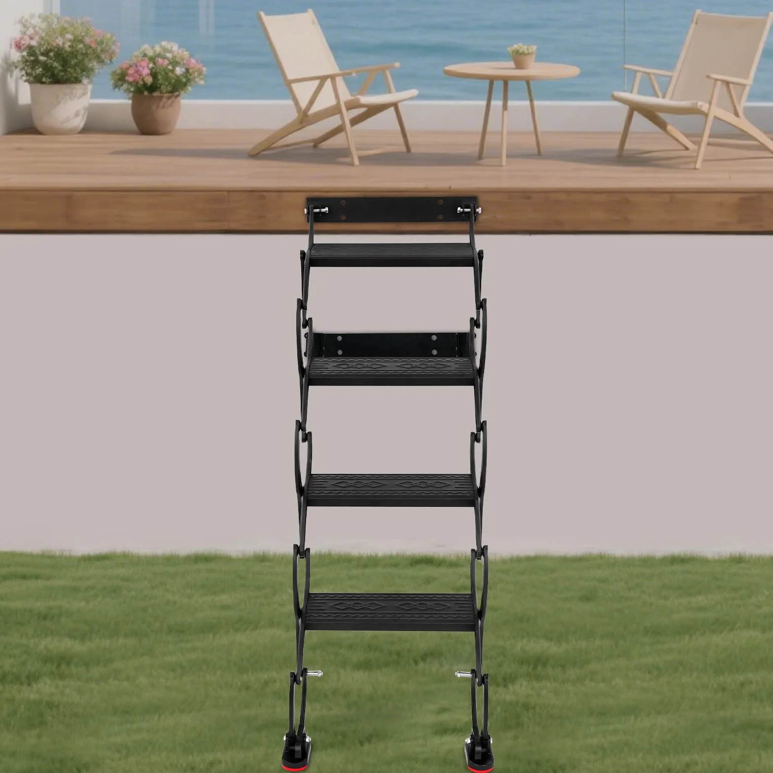 Escalera plegable extensible de 4 peldaños montada en la pared con peldaños antideslizantes, escalones telescópicos, para ático, garaje, sótano, negro, capacidad de carga 200 kg