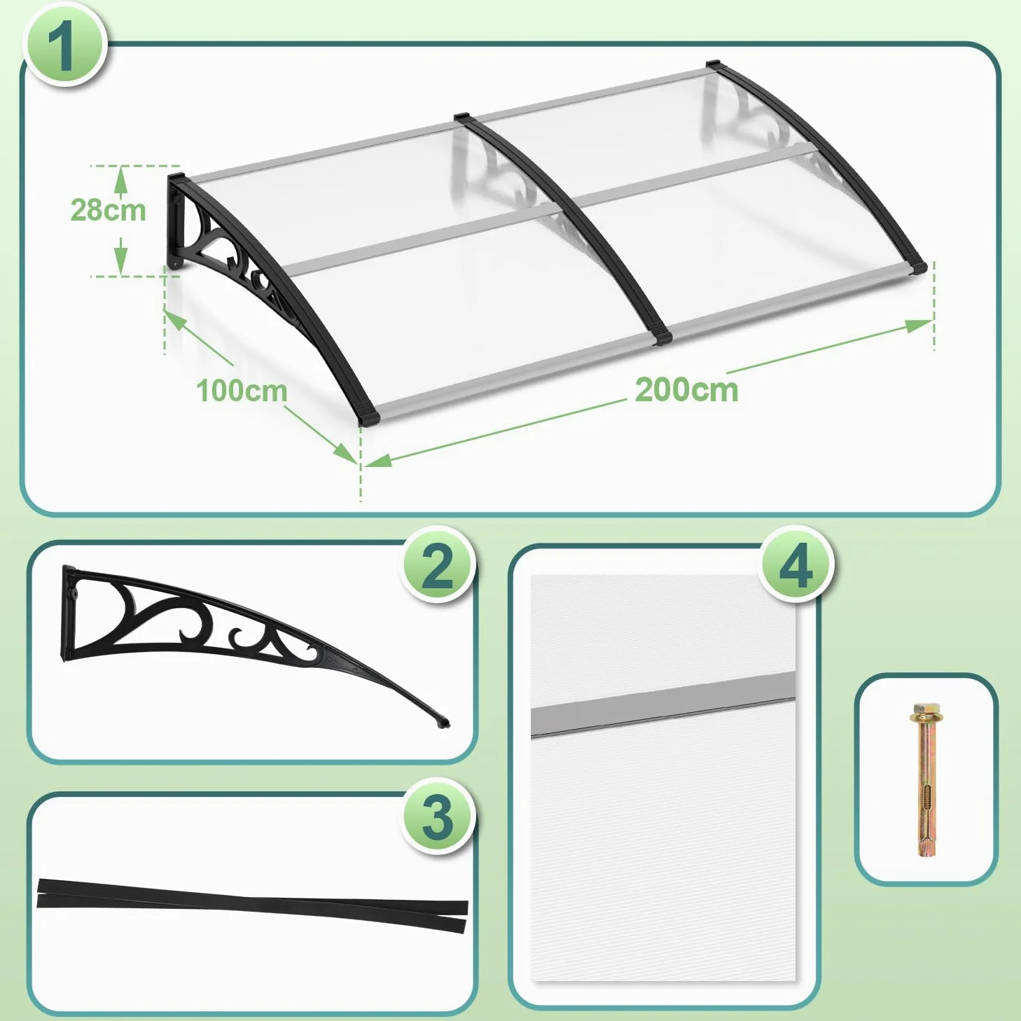 Toldo para Puerta de Entrada con sección Lateral, 100x200cm, Marquesina Transparente de policarbonato de 6 mm y Aluminio, marquesina de Puerta para protección Exterior contra la Lluvia