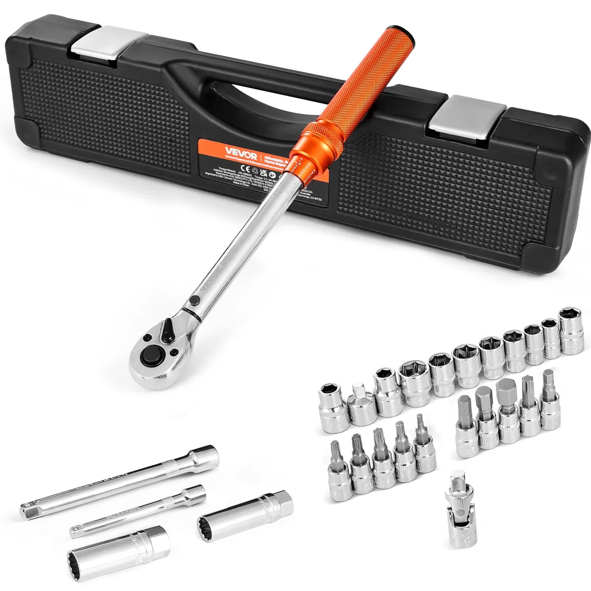 VEVOR Juego de Llaves Dinamométricas de Clic Accionamiento de 3/8" 5-60 Nm Bidireccional 72 Dientes con Vasos, Puntas, Barra de Extensión, Vasos para Bujías y Adaptador ±3% de Precisión Naranja