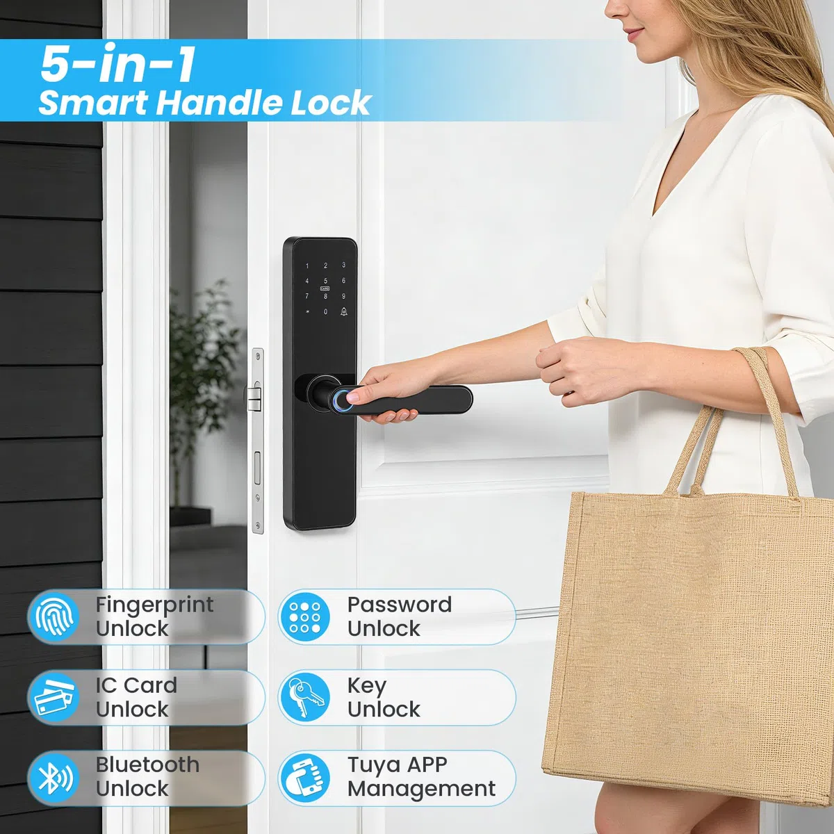 Cerradura Inteligente 6 en 1: Huella, App y código – para Puertas de Madera, Bluetooth, Acceso Remoto, contraseñas temporales, Montaje DIY, Compatible con Tuya Smart Life