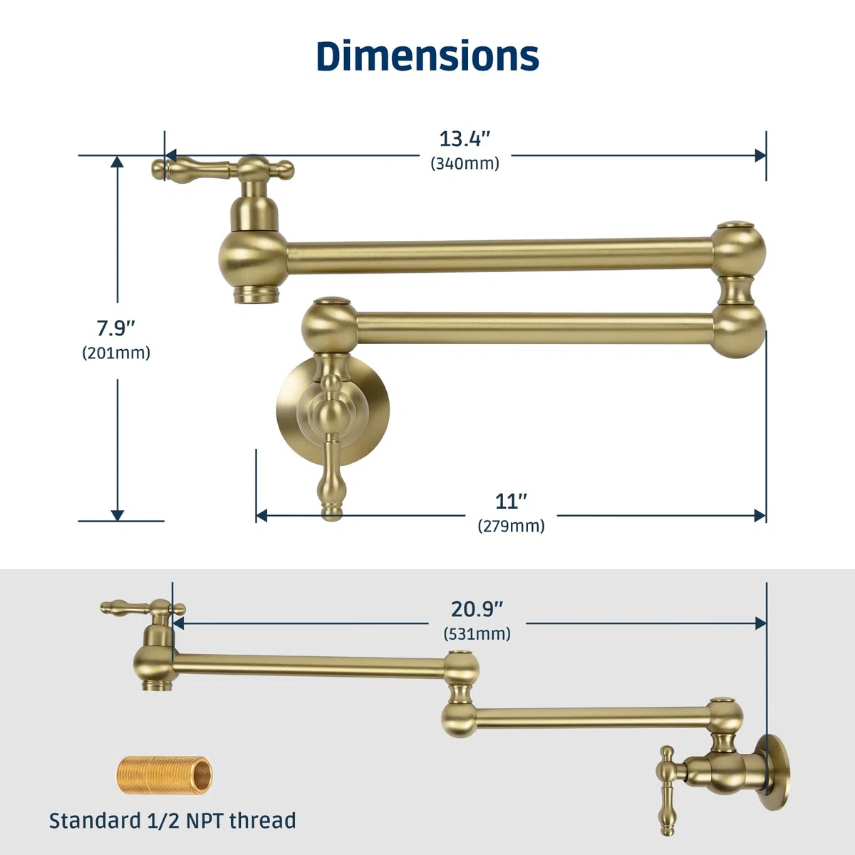 Grifo de latón de 23 pulgadas, oro cepillado, montaje en pared sobre estufa, grifo de agua, 2 asas plegables y elásticas