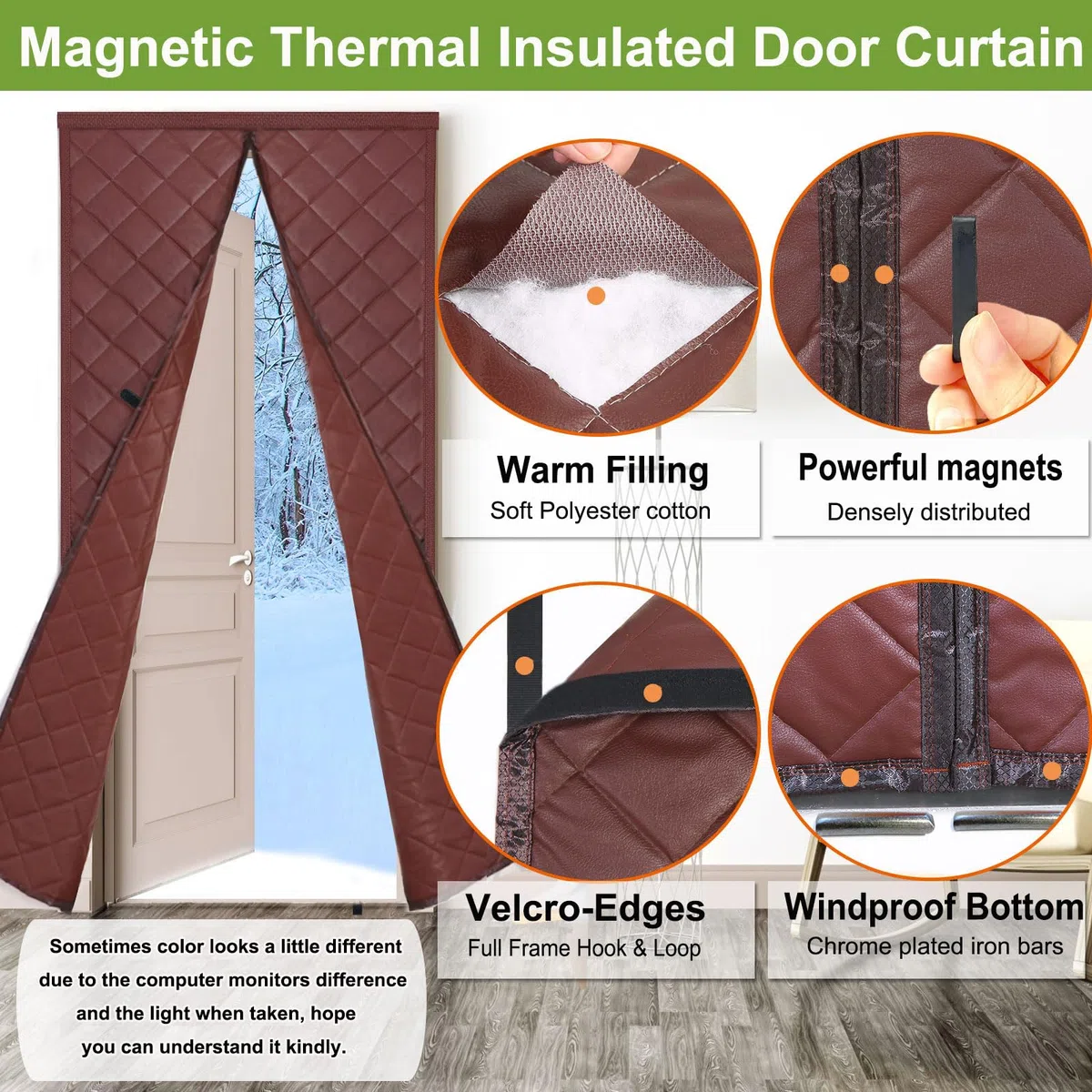 Risareyi Cortina de Puerta Aislante Termica Frio y Calor 95x205cm, Marrón Aislamiento Cortinas Térmica Magnética para Puerta Exterior Salón Balcón, Impermeable, Cierre Automático