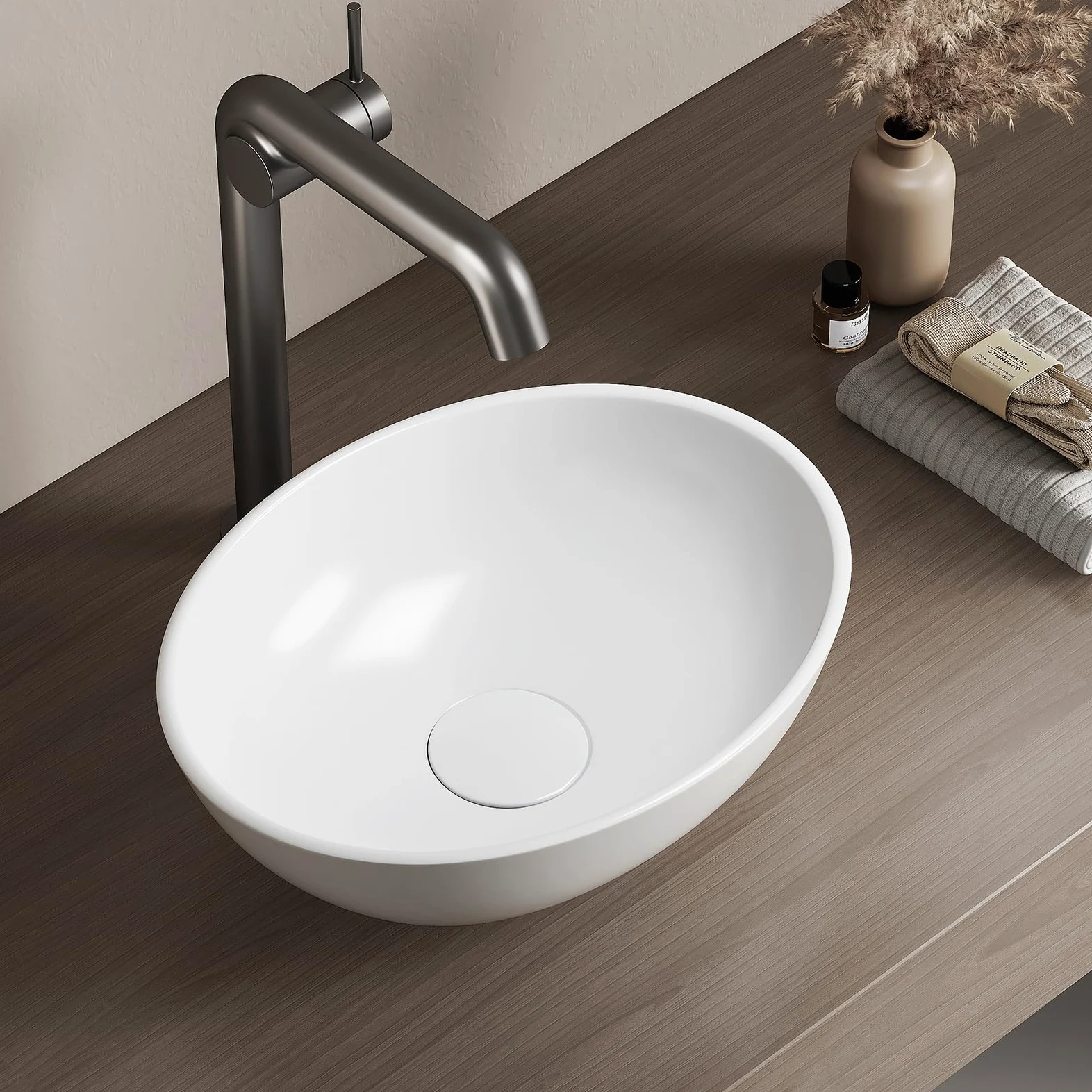 EMKE Lavabo encimera ovalado 35×27×11cm cerámica blanco baño