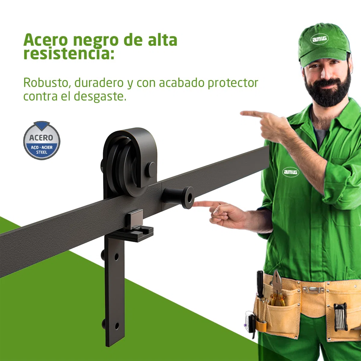 Amig - Kit puerta corredera plegable - Guía 110 cm acero negro - Resistencia hasta 40 kg - Estable y compacto - Deslizamiento silencioso y estable - Mod. SD006