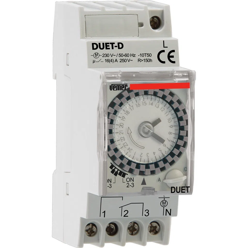 VEMER VP879100 DUET-D - Temporizador Horario Electromecánico, Interruptor con Programación Diaria, Instalación en Carril DIN, Gris Claro