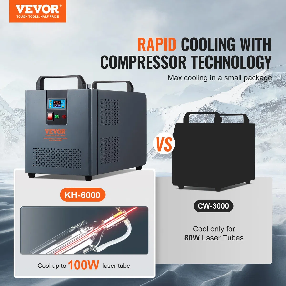 VEVOR Enfriador de Agua Industrial KH-6000 Sistema de Refrigeración por Agua Industrial 200 W con Compresor Tanque de Agua de 12 L 7,8 l/min para Máquina de Refrigeración de Grabado Láser de CO2
