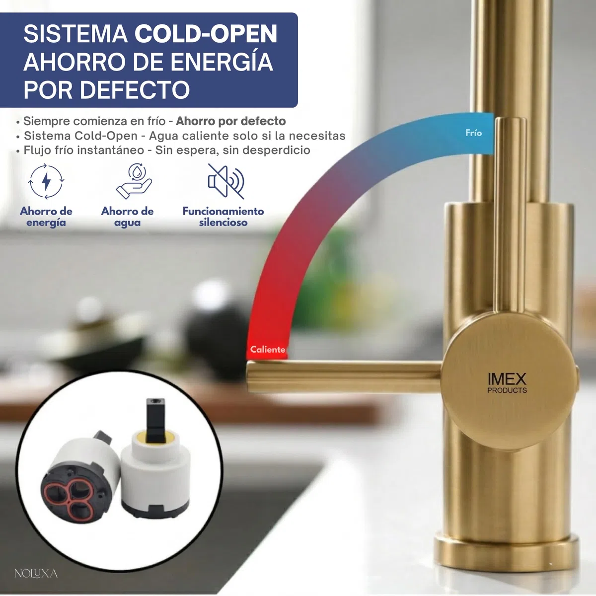 IMEX - Grifo Cocina Dorado Caño Alto | Grifo Monomando Fregadero | Griferia Cocina | Grifo en Latón con Cartucho Cerámico Ø35mm | Serie Loira | Color Oro Cepillado