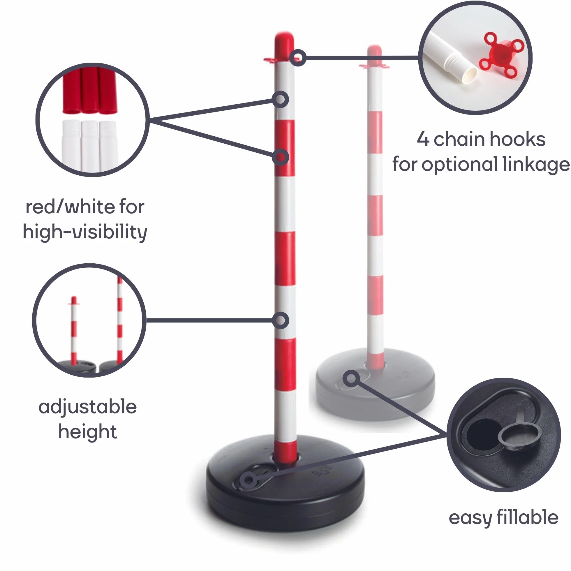 Perel Set de postes PVC 2 piezas rojo blanco 90 cm base rellenable con arena o agua conectables para eventos aparcamientos hostelería y espacios públicos
