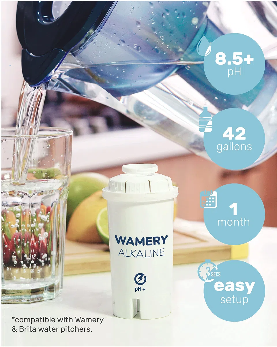 Wamery Reemplazo del Filtro de Agua 3-Pack. Se Adapta a jarras Brita. Purificador y Ionizador. Certificado NSF/ANSI. Reduce el Cloro y los Metales Duros del Agua.