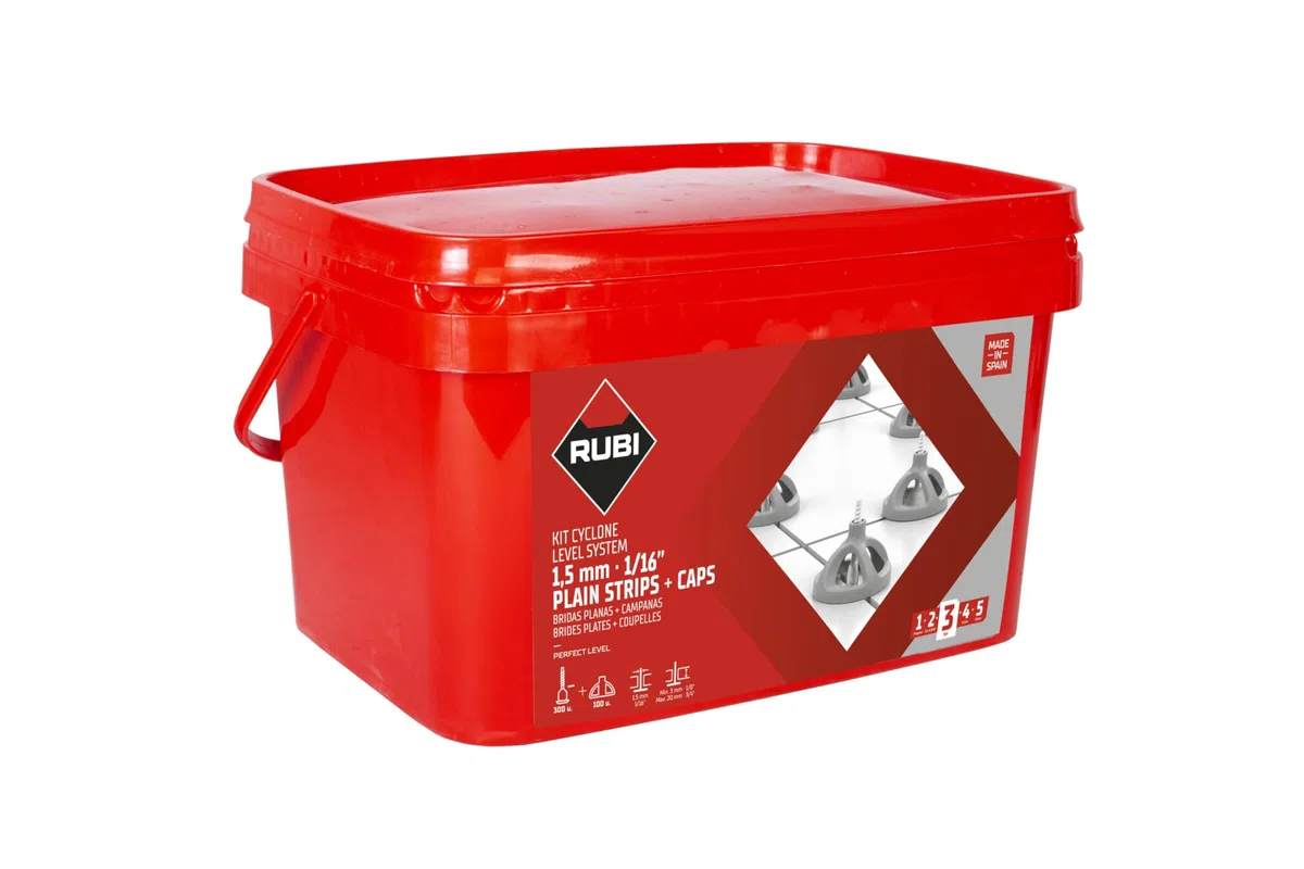 RUBI | KIT Cyclone Level System con Bridas Planas 1,5 mm | Incluye: 300 Bridas y 100 Campanas Reutilizables | Sistema para Facilitar Colocación Cerámicas de Gran Formato | Niveladores Azulejos